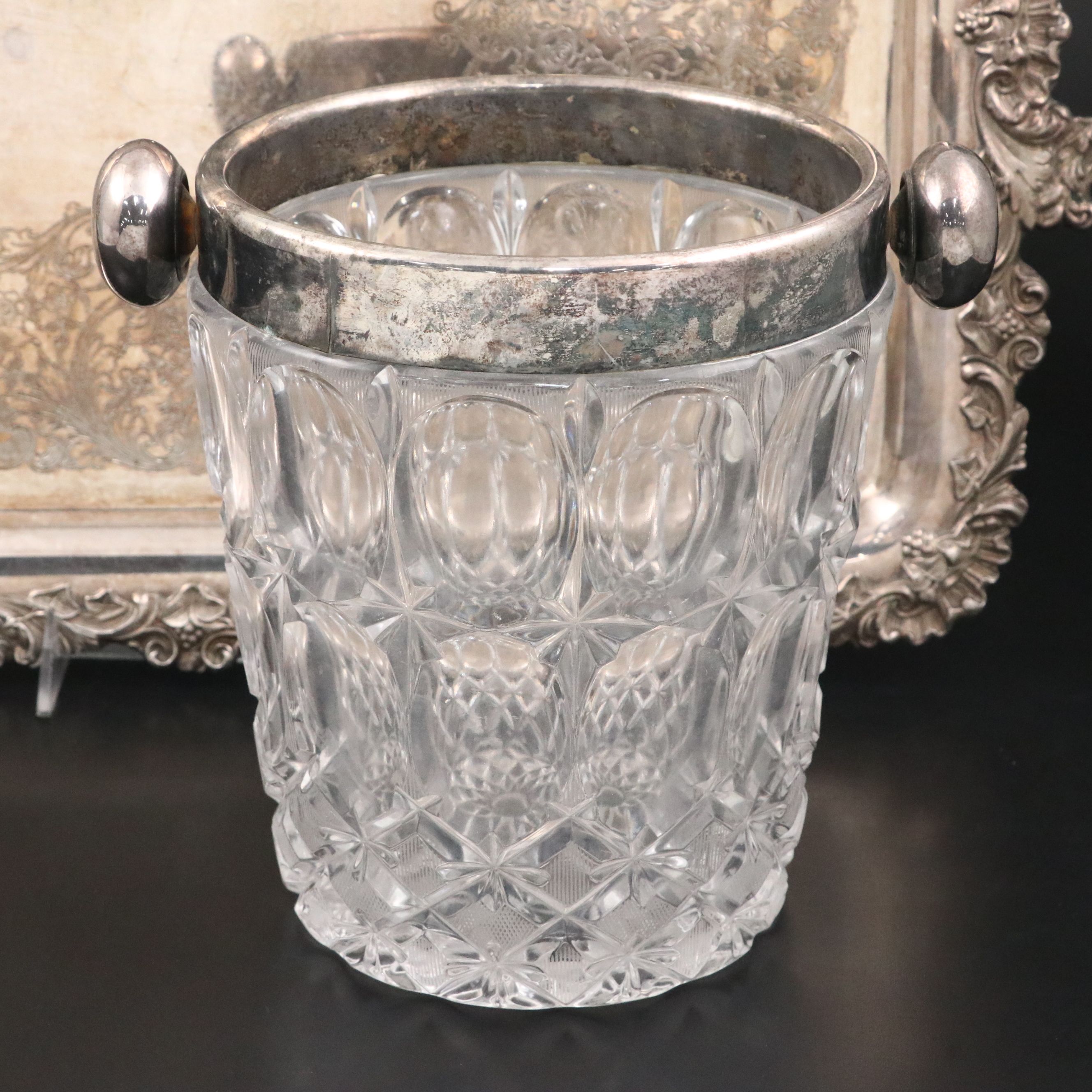 Wilcox Silver Plate Handled Tray, Ice Bucket and Glass Champagne Bucket