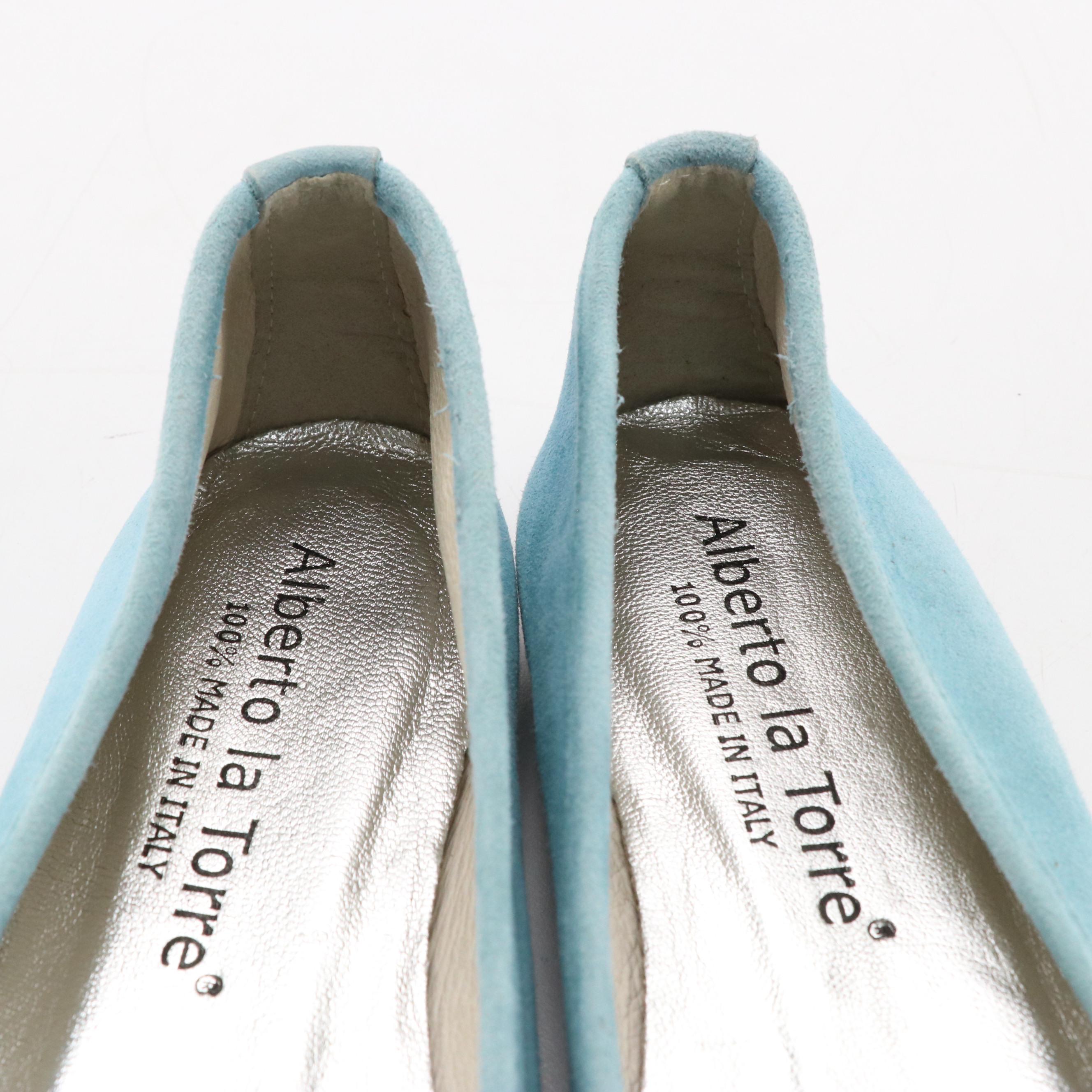 Luciano Padovan Blue Leather Square Toe Kitten Heels and Alberto la Torre Flats