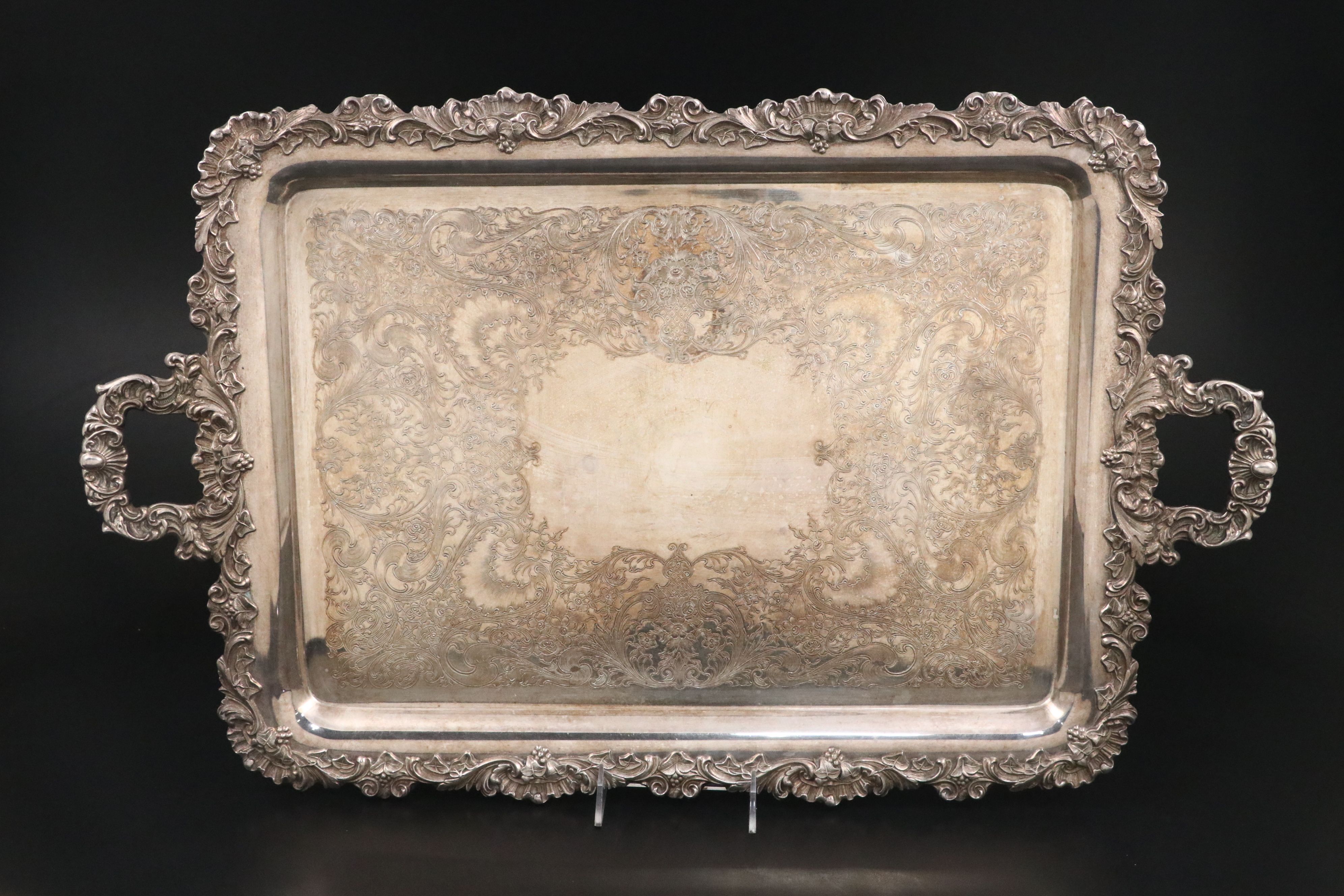 Wilcox Silver Plate Handled Tray, Ice Bucket and Glass Champagne Bucket