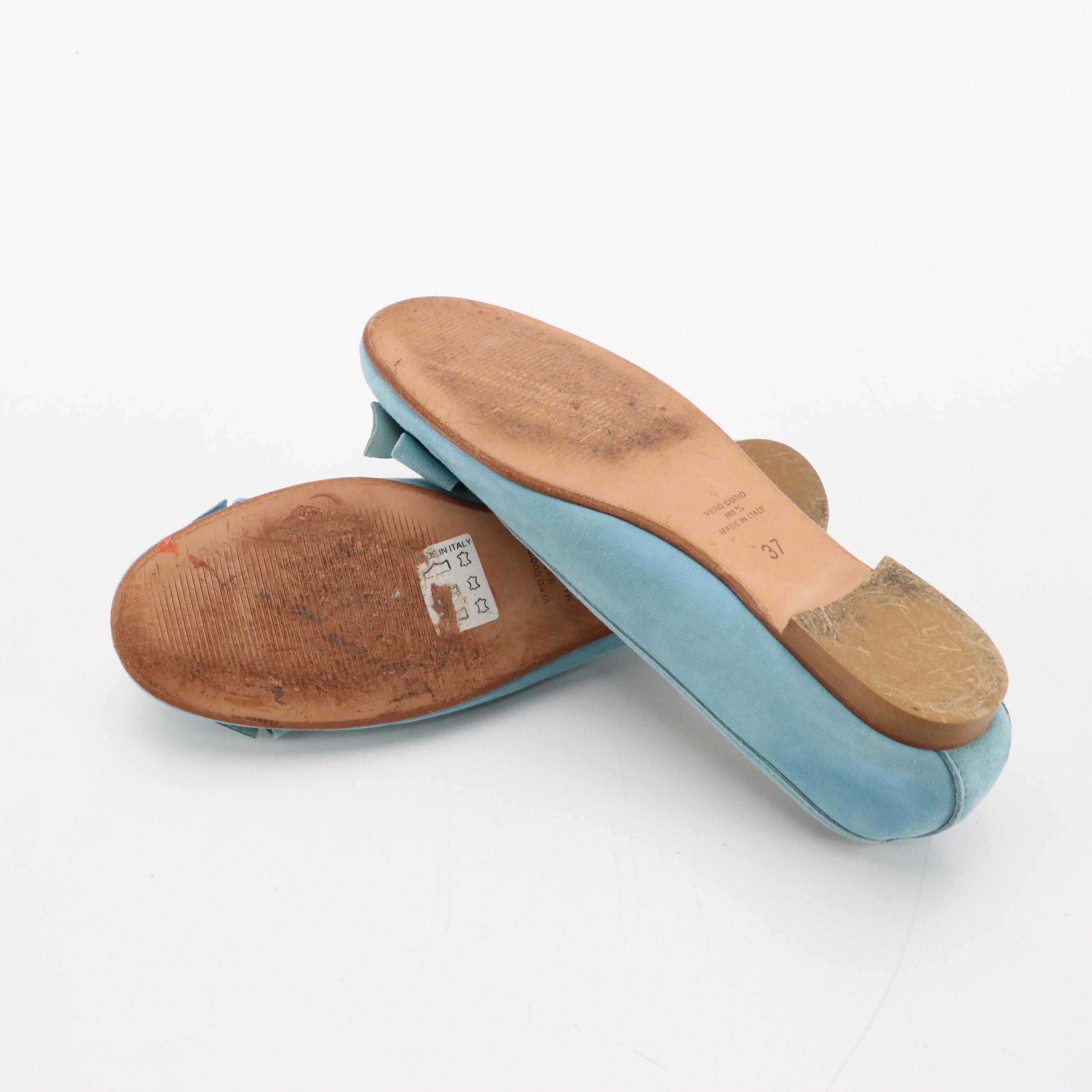 Luciano Padovan Blue Leather Square Toe Kitten Heels and Alberto la Torre Flats