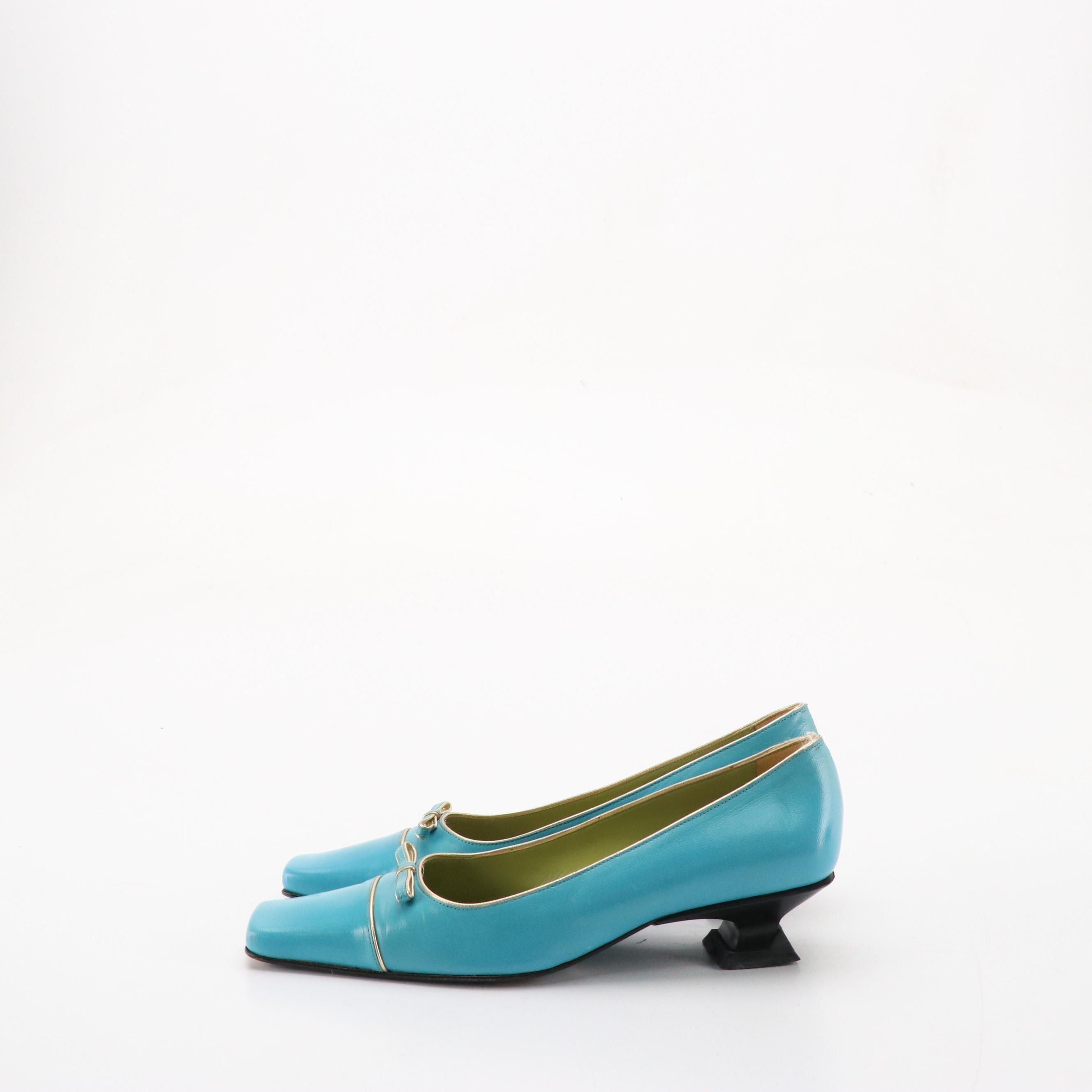 Luciano Padovan Blue Leather Square Toe Kitten Heels and Alberto la Torre Flats