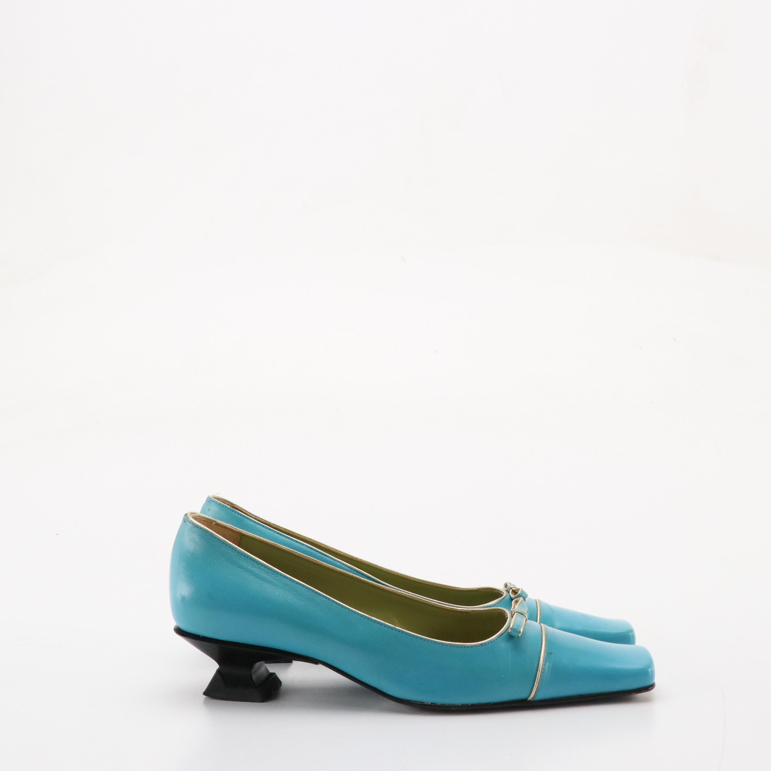 Luciano Padovan Blue Leather Square Toe Kitten Heels and Alberto la Torre Flats