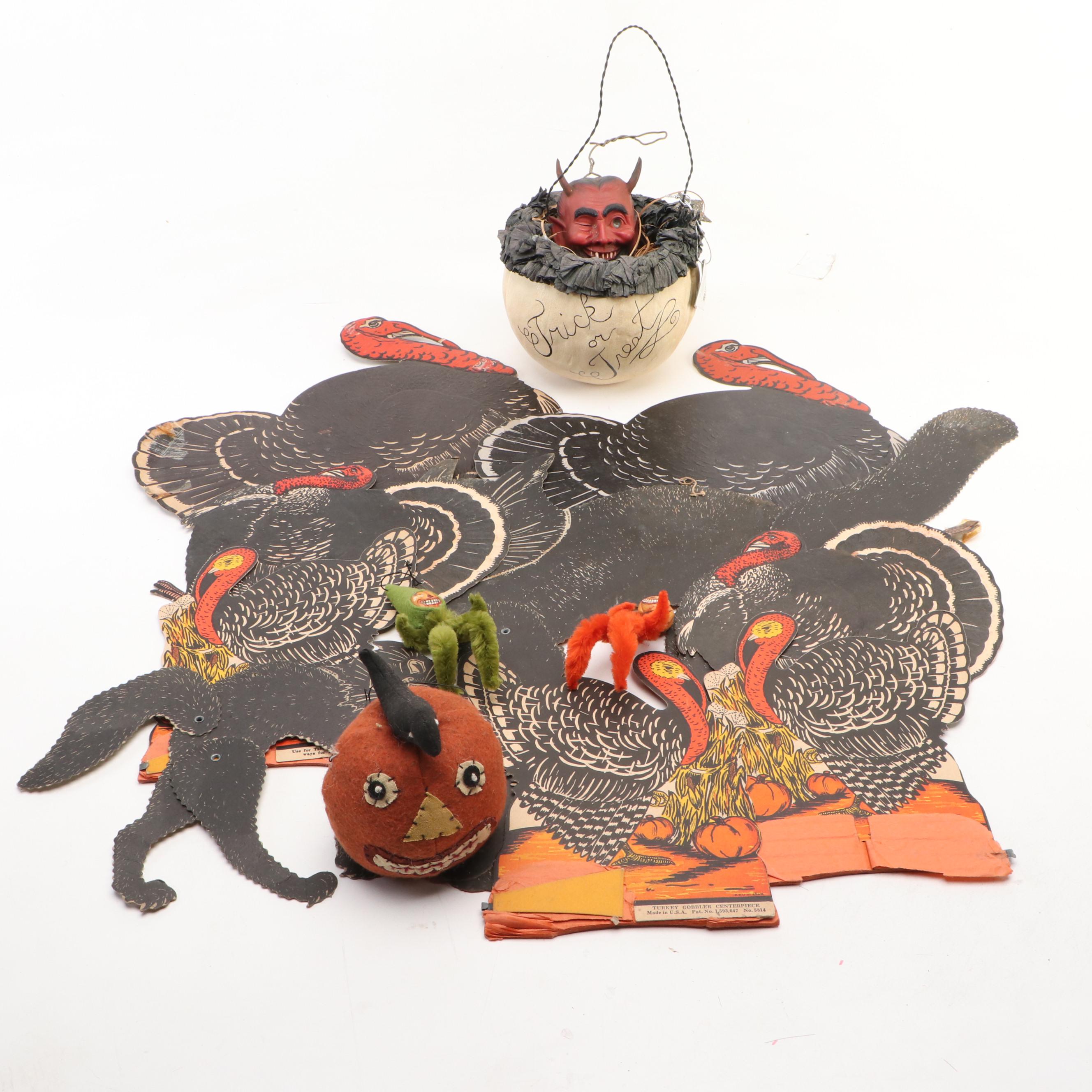 Halloween Vintage Paper Die-Cuts with Figurines and Trick or Treat Basket