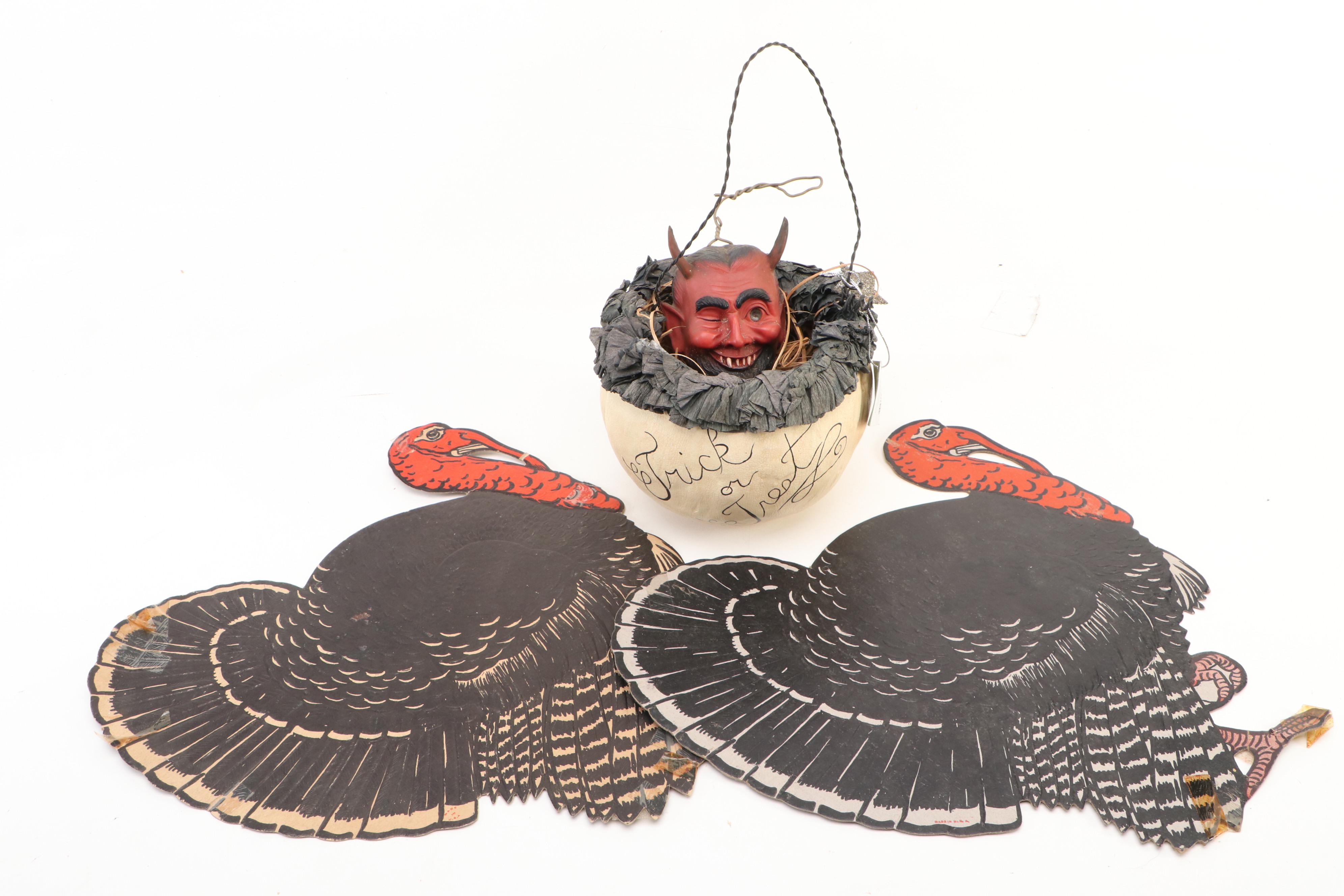 Halloween Vintage Paper Die-Cuts with Figurines and Trick or Treat Basket