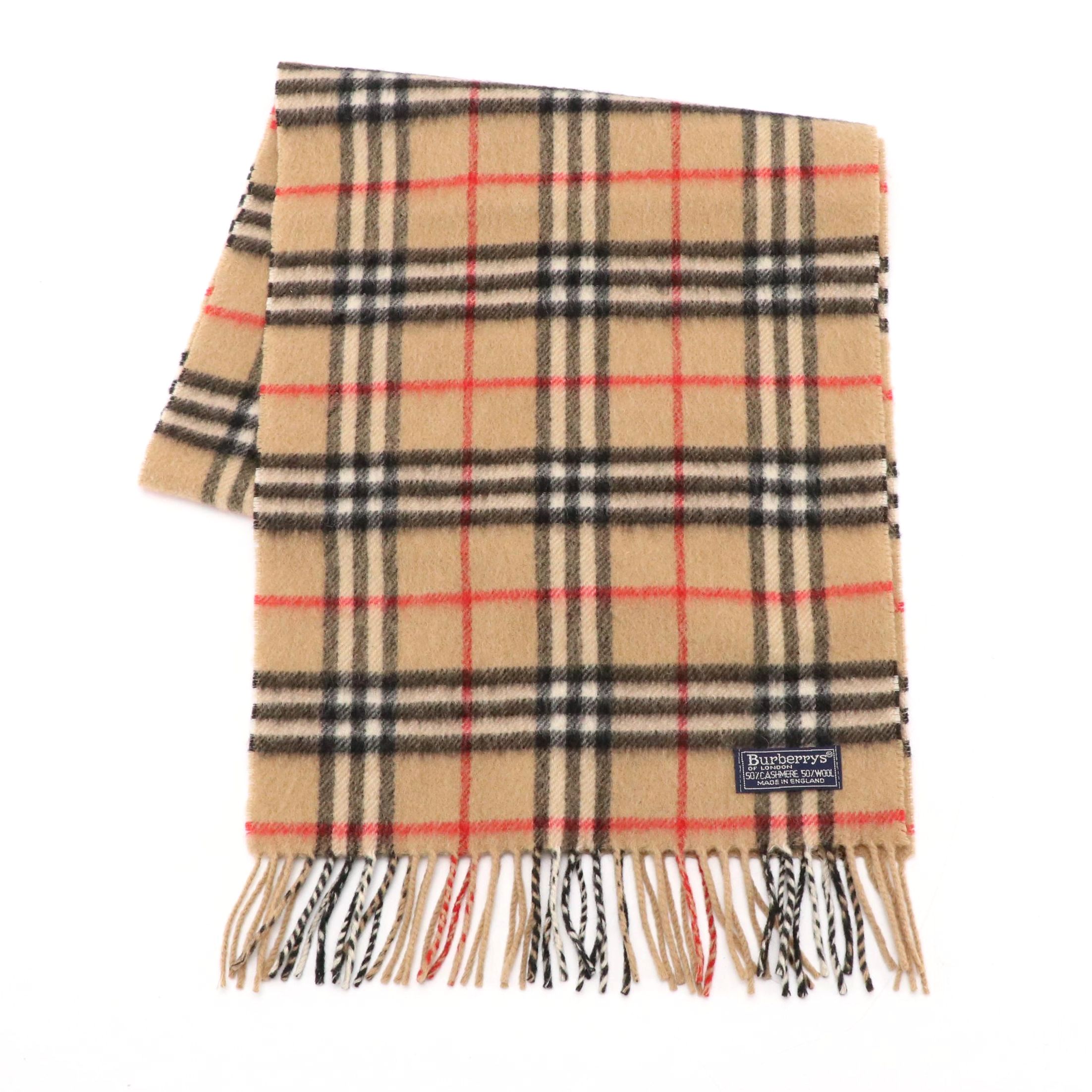 Burberrys Vintage Cashmere and Wool House Check Fringe Scarf