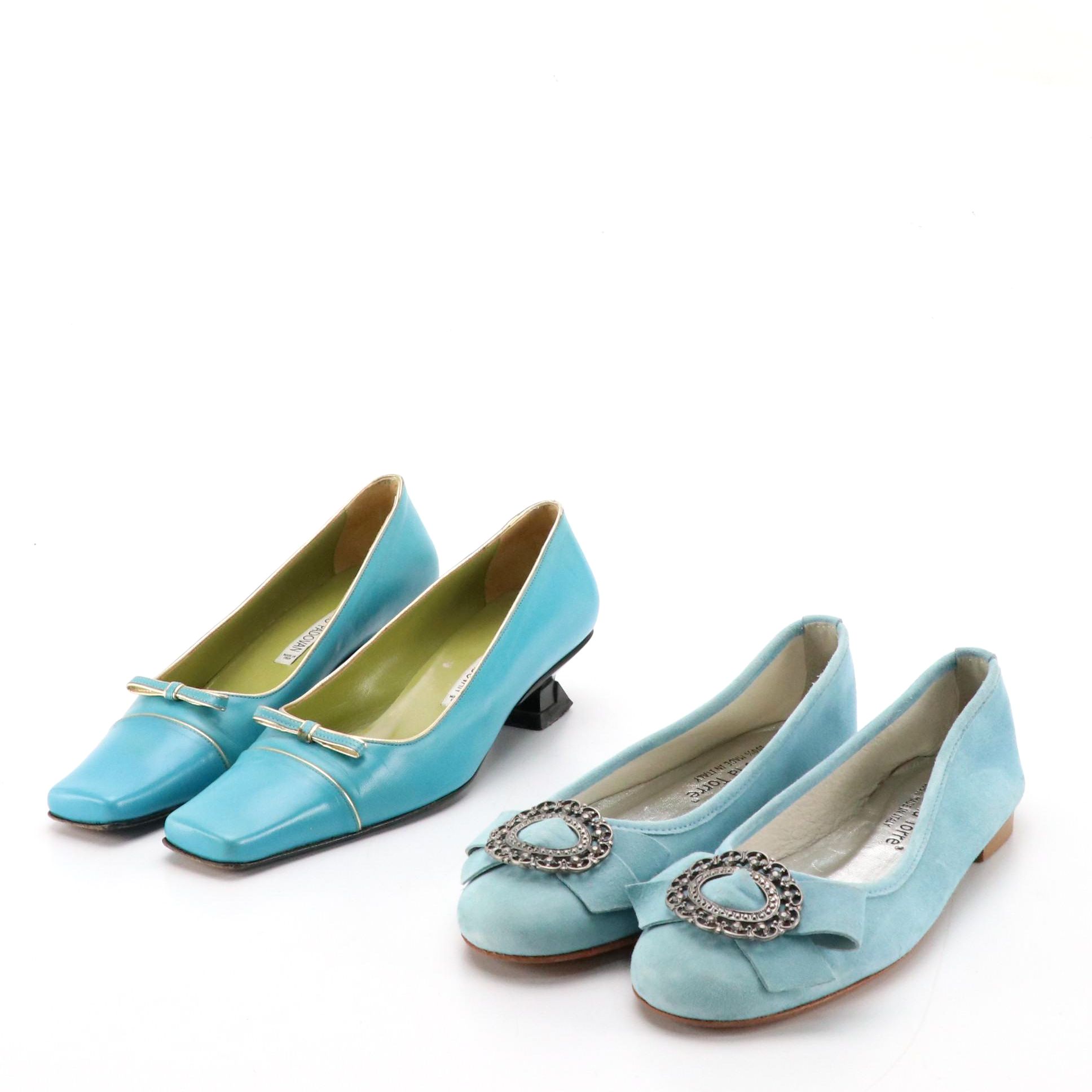 Luciano Padovan Blue Leather Square Toe Kitten Heels and Alberto la Torre Flats