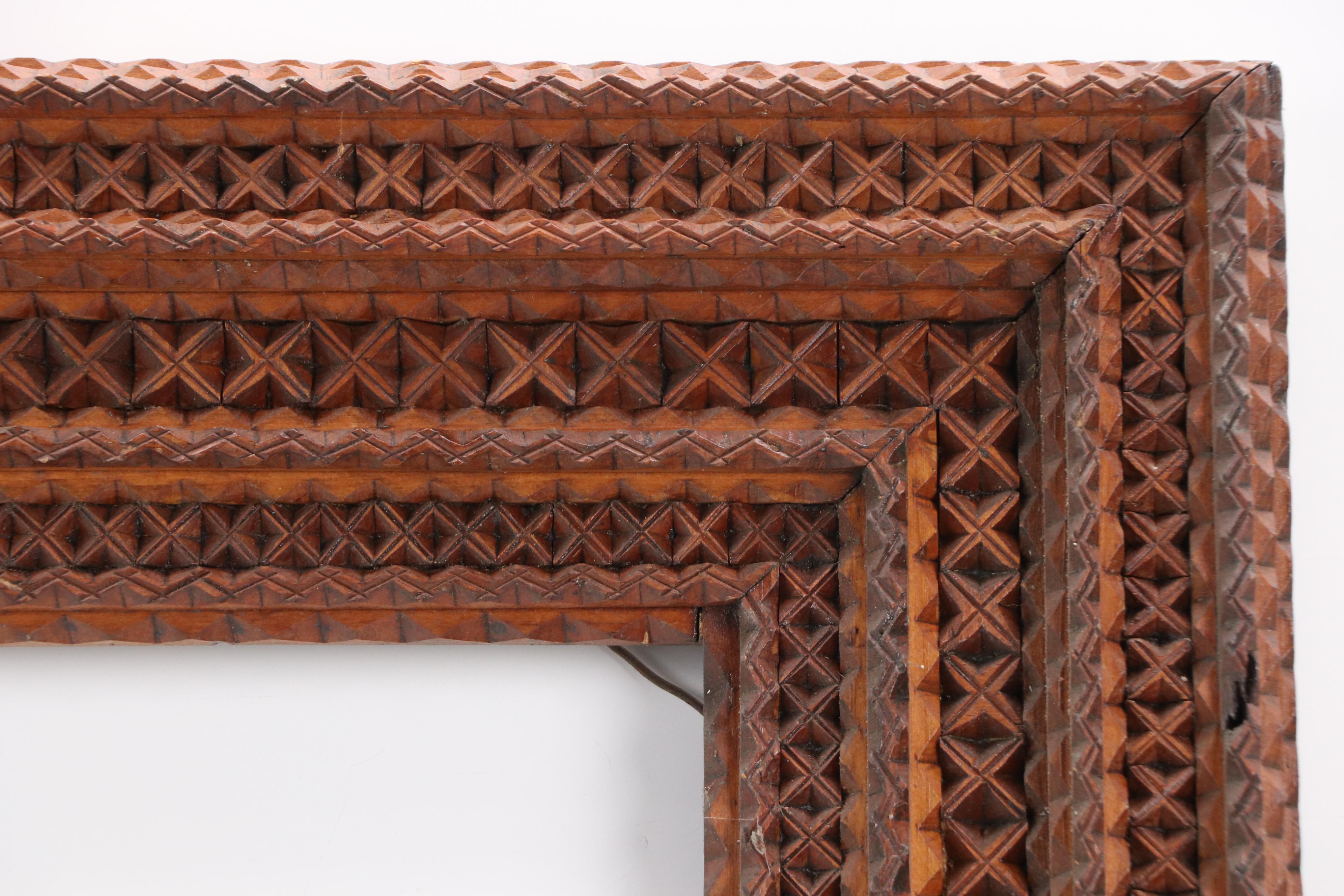 Tramp Art Chip-Carved Wall Frame with Crossed Patterns
