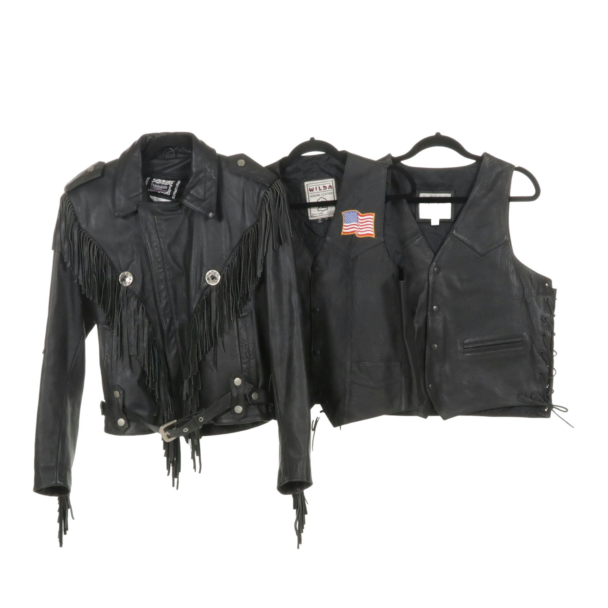 OpenRoad Black Fringe Leather Motorcycle Jacket with Pair of Leather Vests