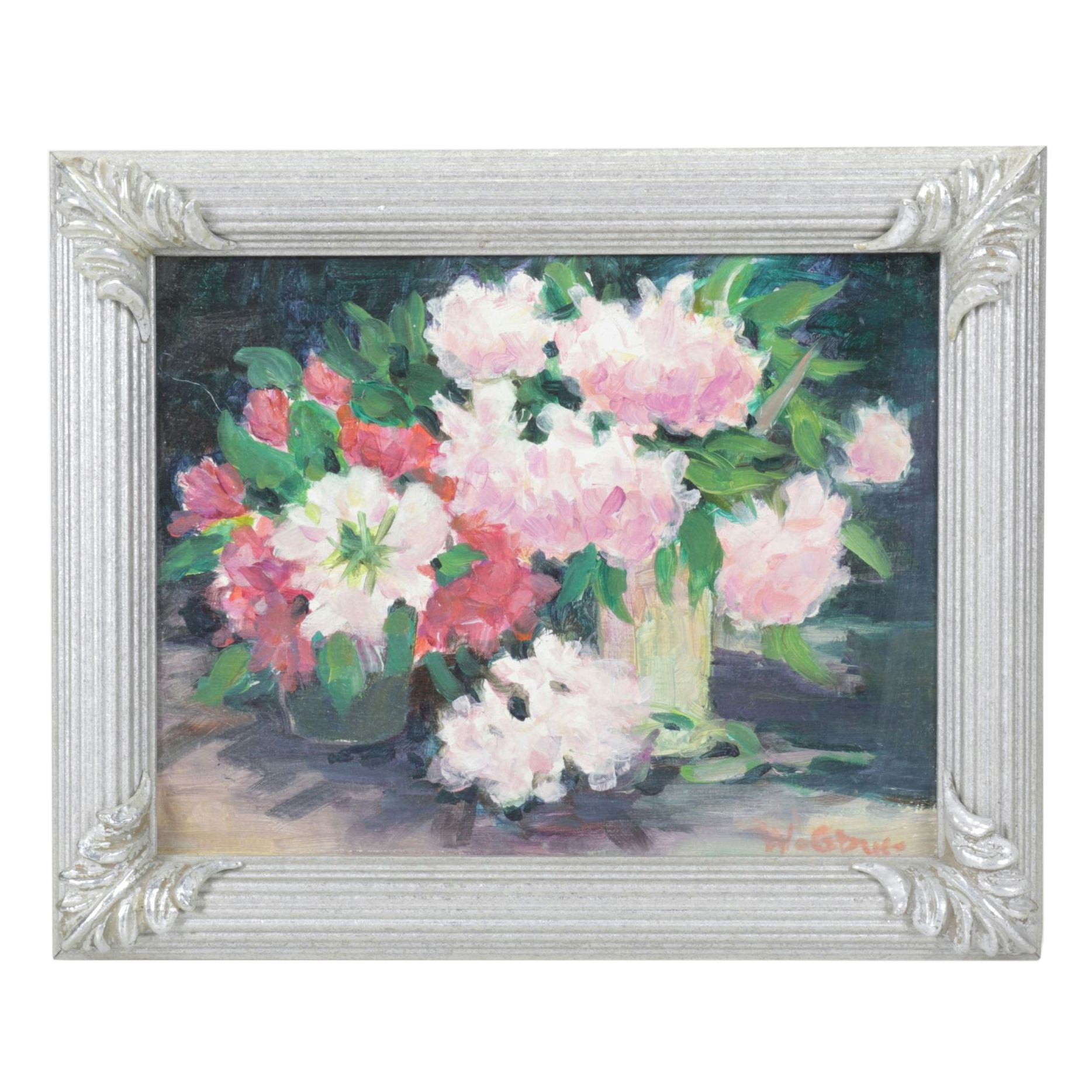 Still Life Acrylic Painting of Bouquet of Chrysanthemums and Roses