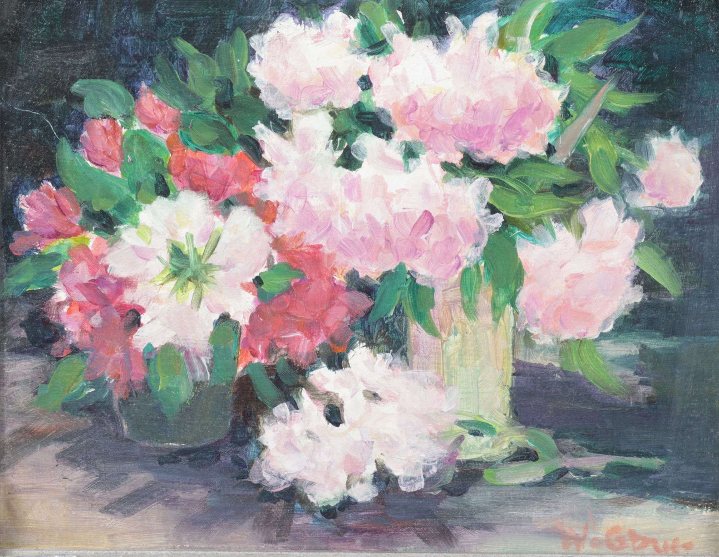 Still Life Acrylic Painting of Bouquet of Chrysanthemums and Roses