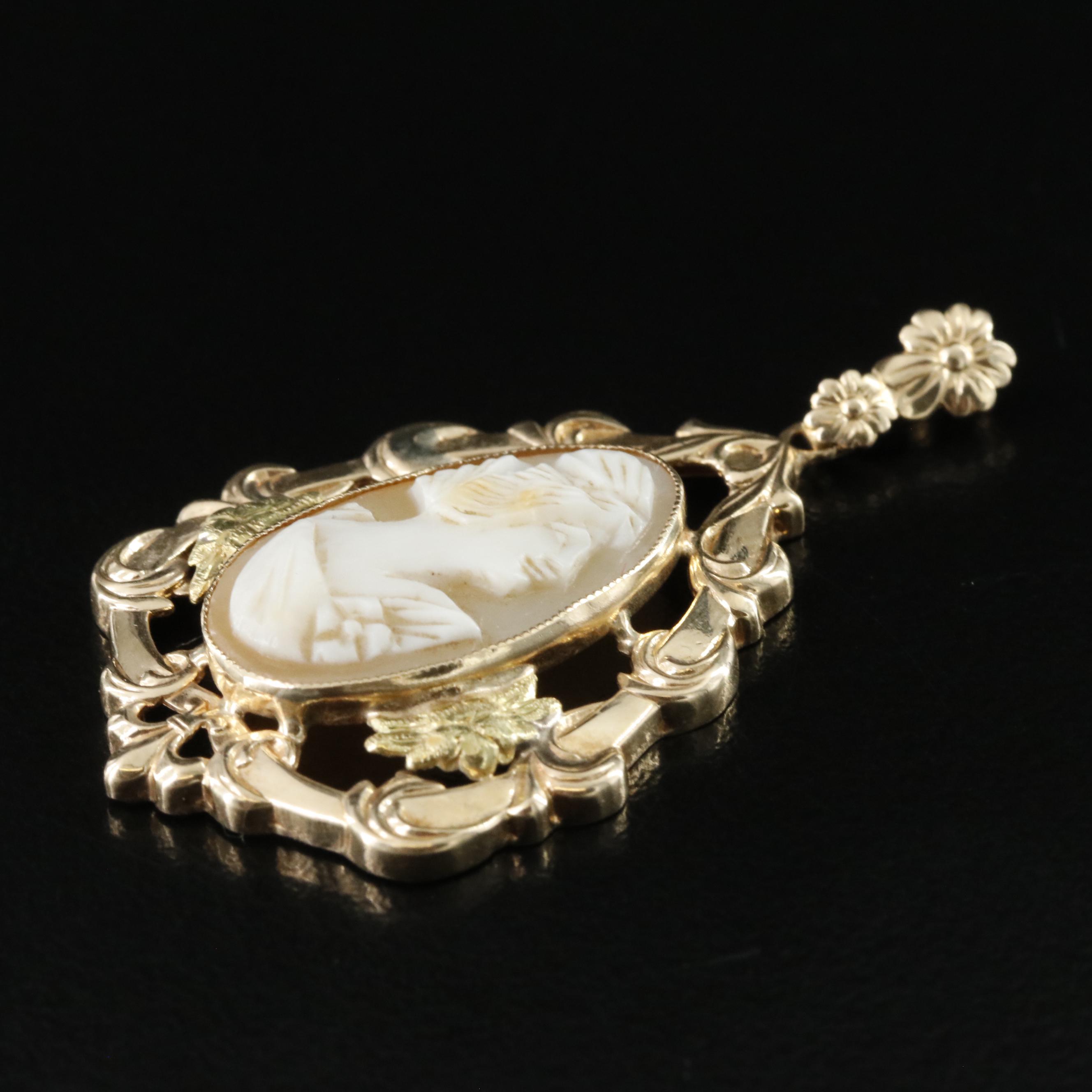 Shiman Mfg. Co. 14K Shell Cameo Pendant with Green Gold Accents