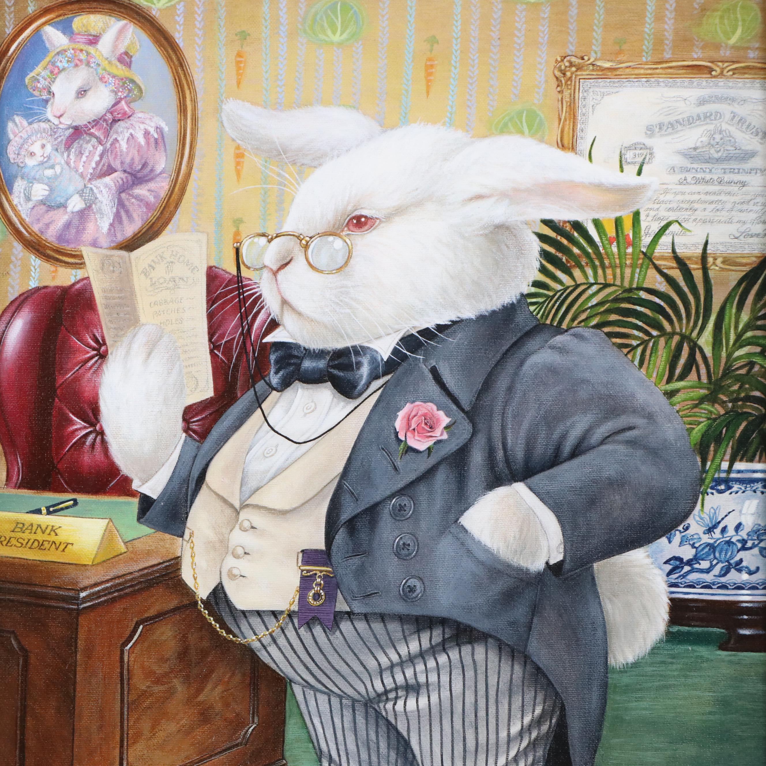 Ron Rophar Oil Painting of Anthropomorphic Rabbit with Suit and Eyeglasses, 1989
