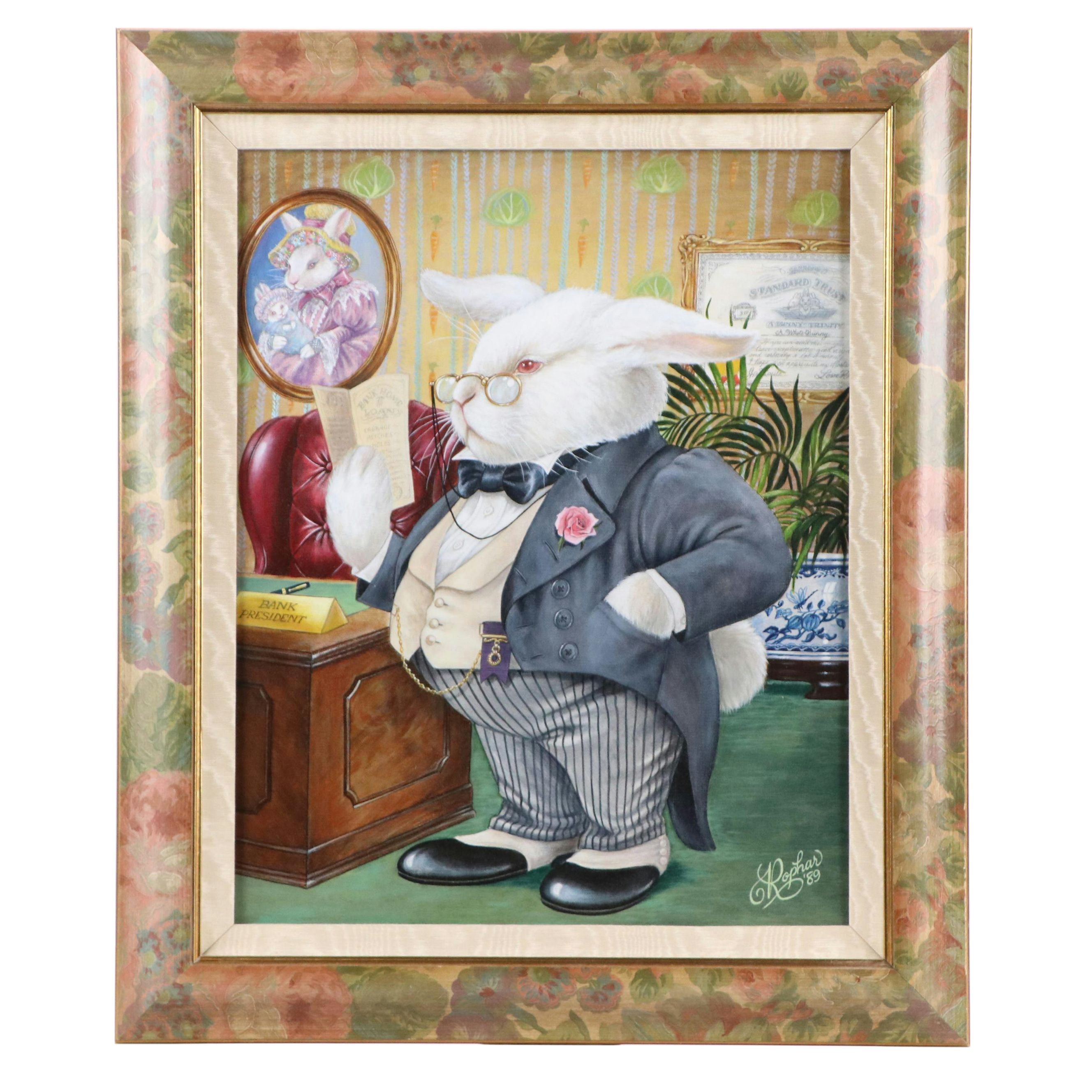 Ron Rophar Oil Painting of Anthropomorphic Rabbit with Suit and Eyeglasses, 1989