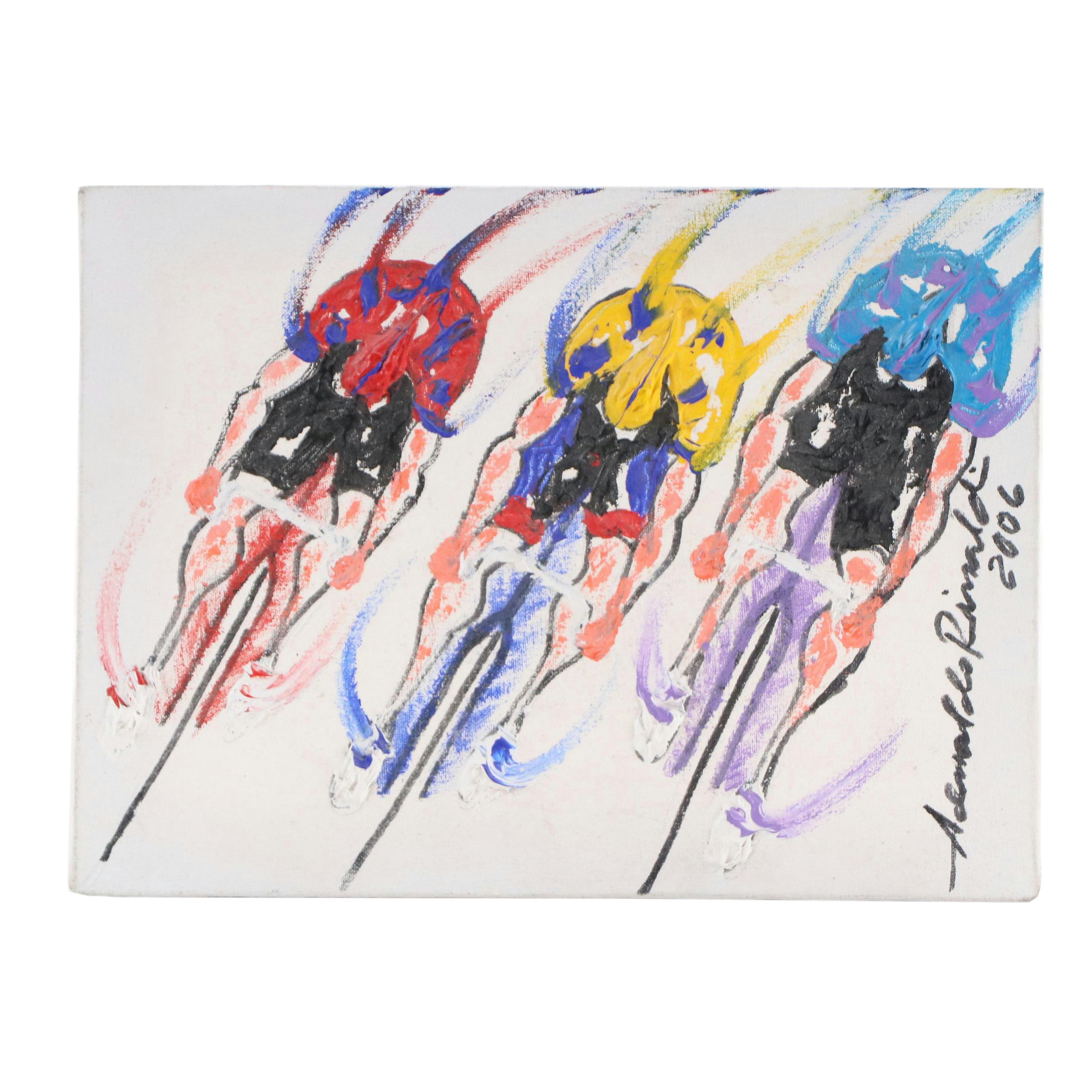 Acemaldo Rinaldi Stylized Acrylic Painting of Racing Cyclists, 2006