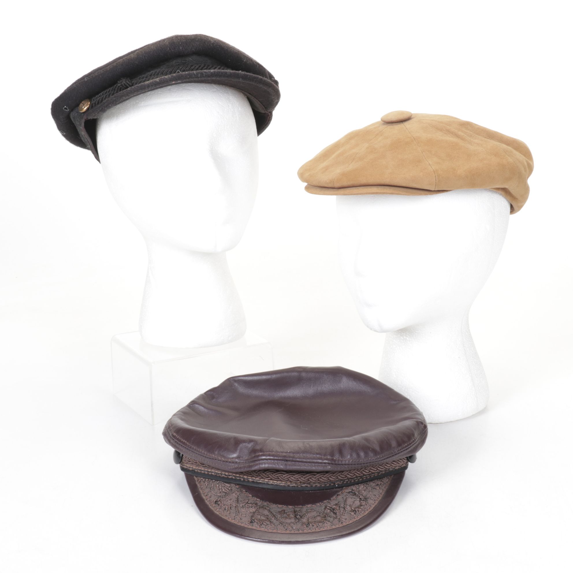 Mid-Century Soft Suede Newsboy Cap with Leather & Black Wool Sailor Hats