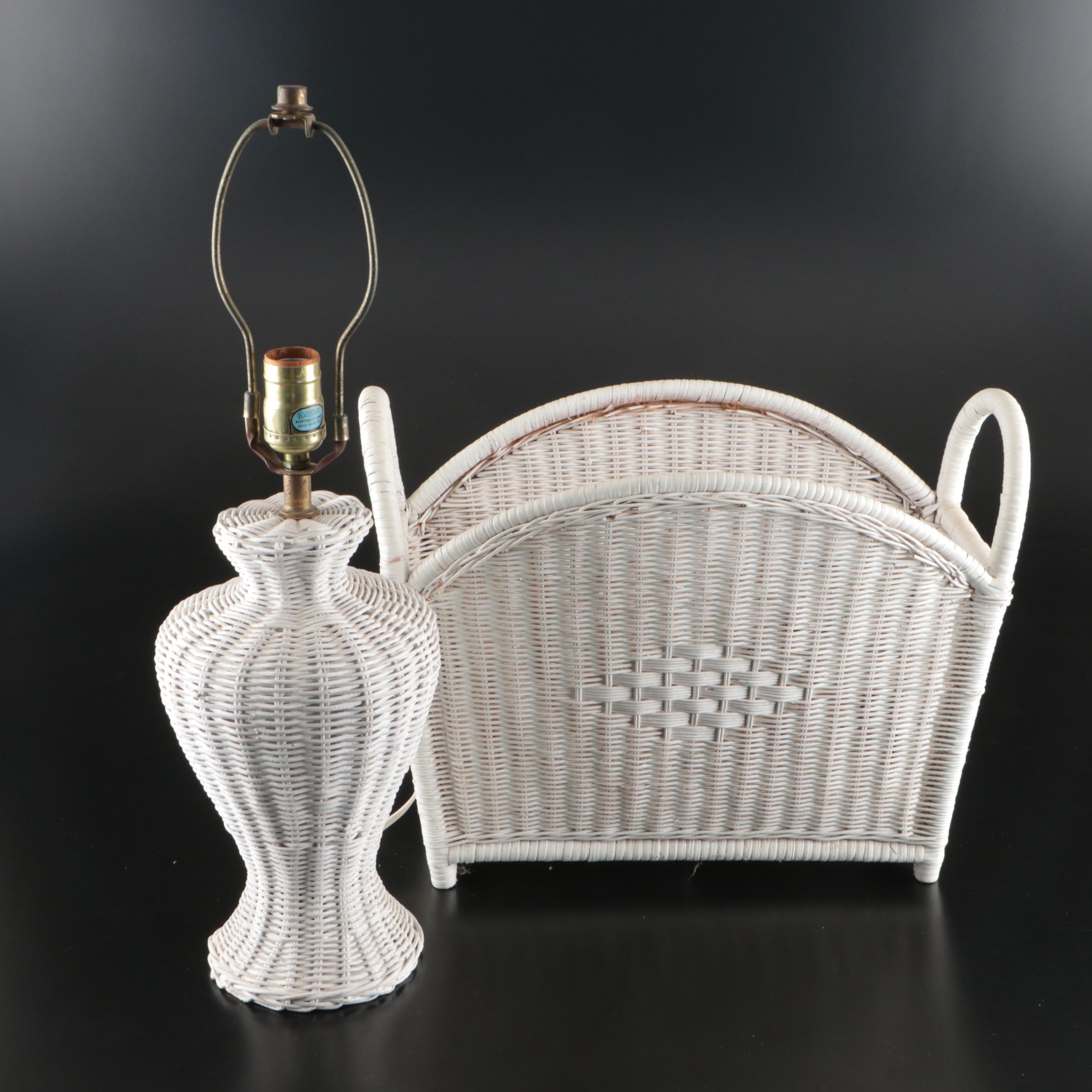 Mud-Century Style White-Painted Wicker Table Lamp and Magazine Rack