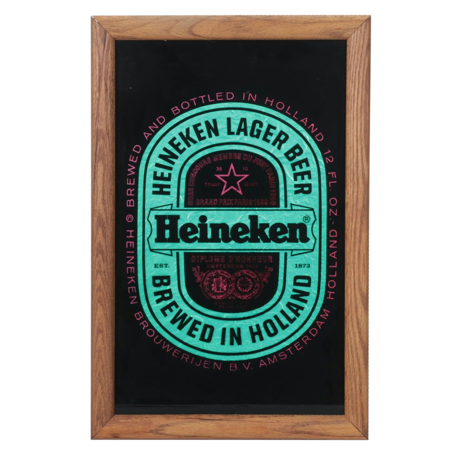 Fluorescent Green Foil Heineken Beer Advertising Sign, Late 20th Century