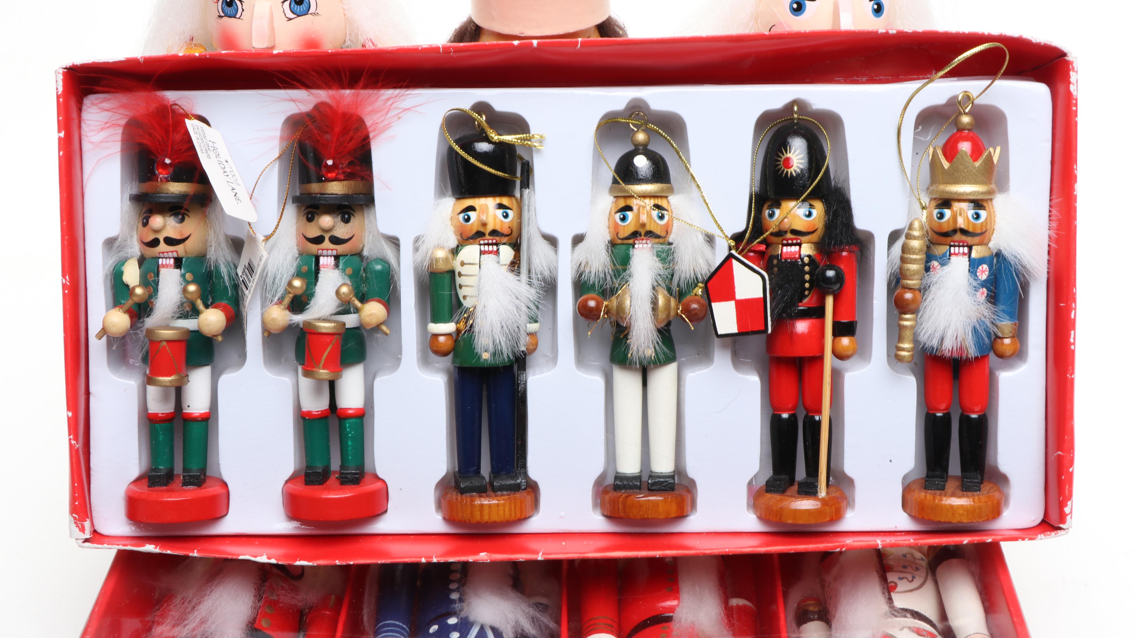 Holiday Lane and Other Nutcracker Ornaments with Wooden Nutcracker Figurines