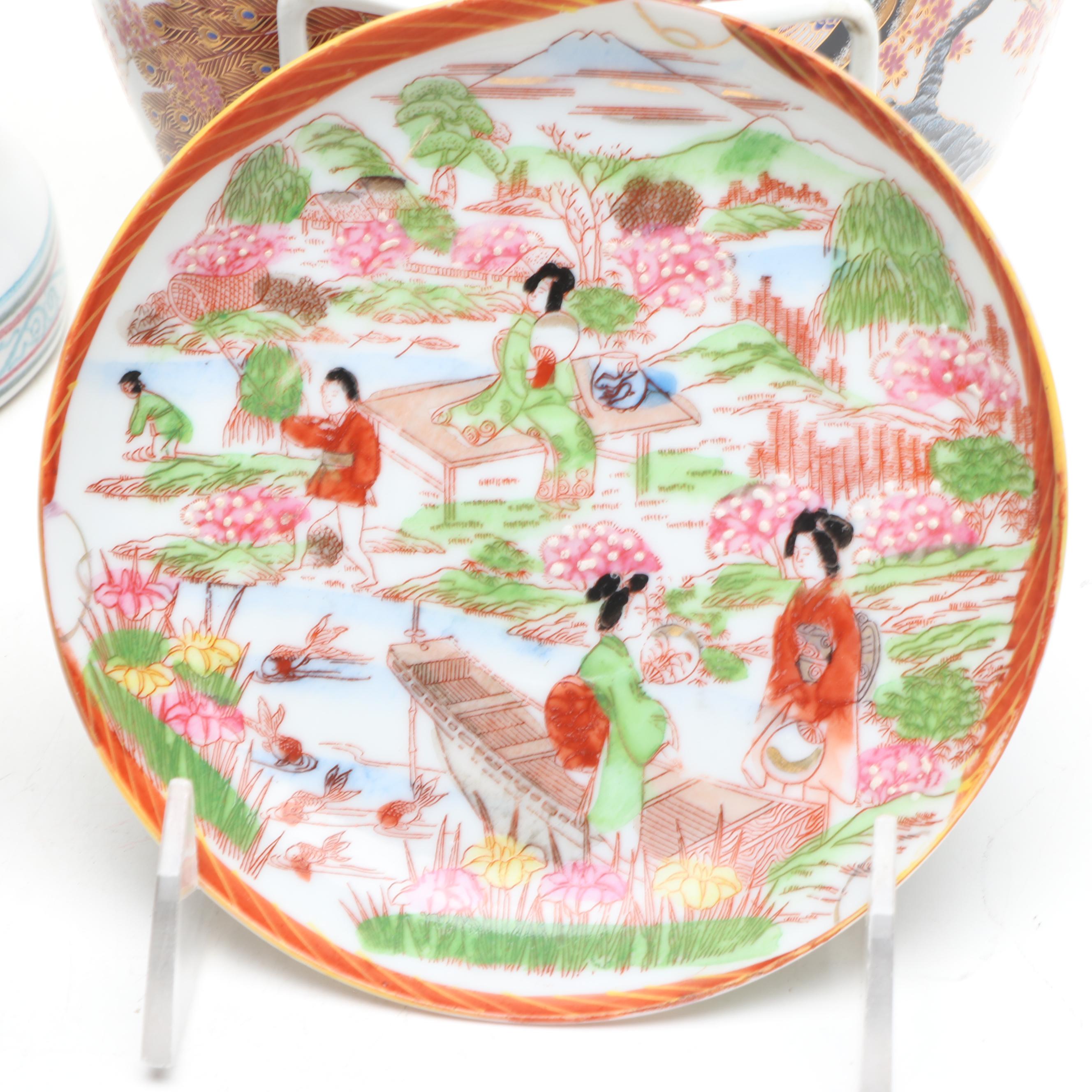 Japanese Peacocks Porcelain Vase with Plates and Chinese Porcelain Vase