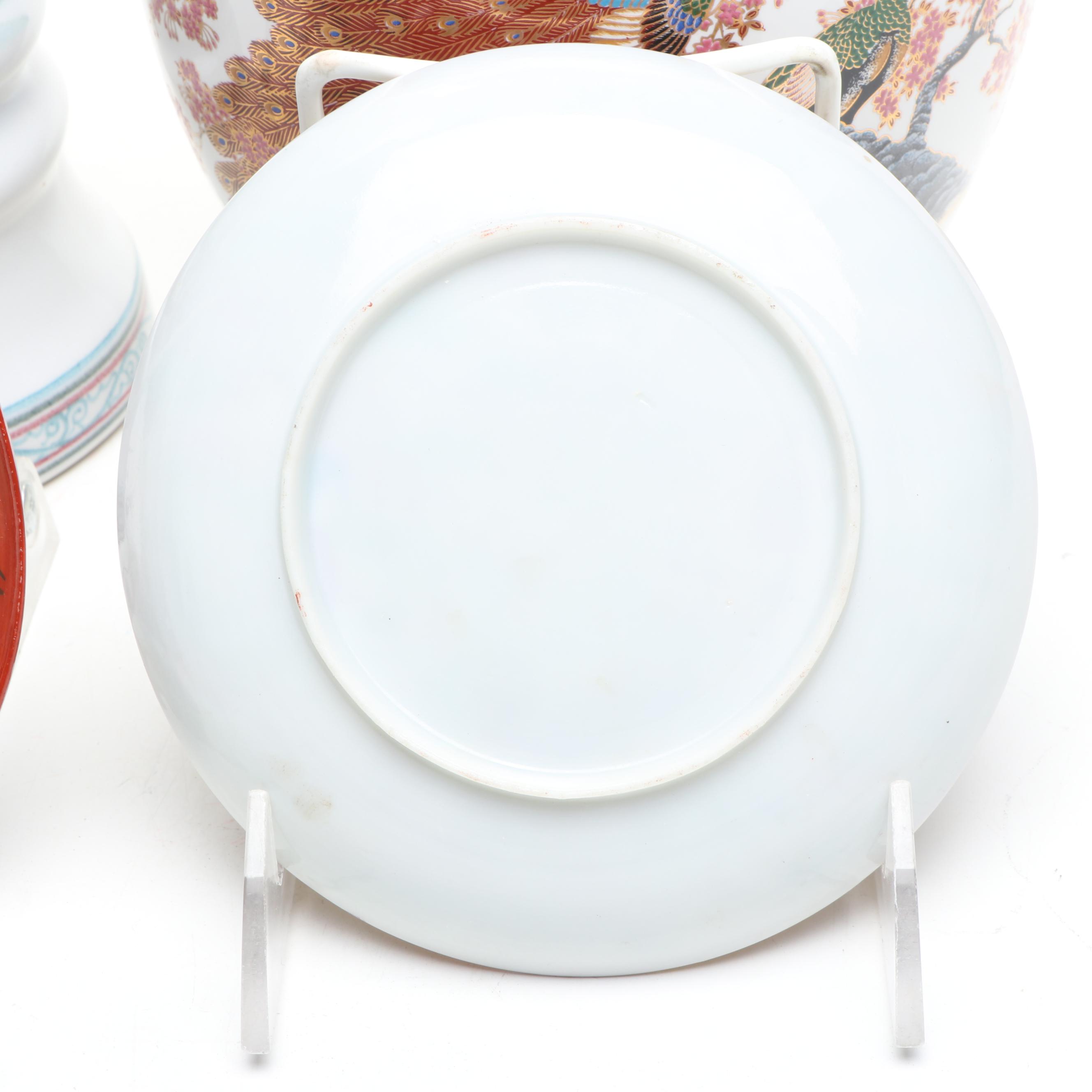 Japanese Peacocks Porcelain Vase with Plates and Chinese Porcelain Vase