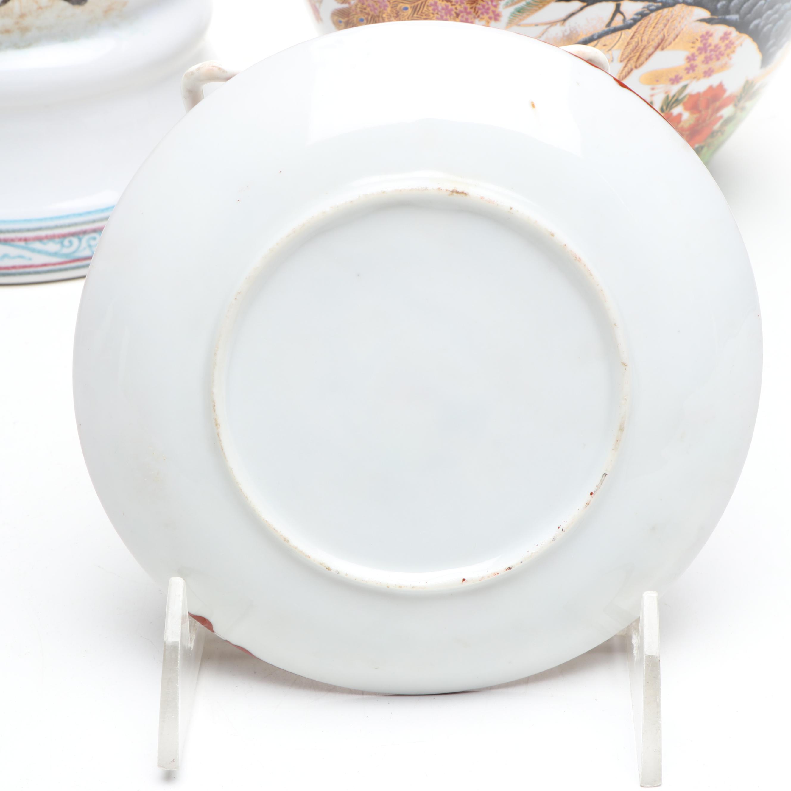 Japanese Peacocks Porcelain Vase with Plates and Chinese Porcelain Vase