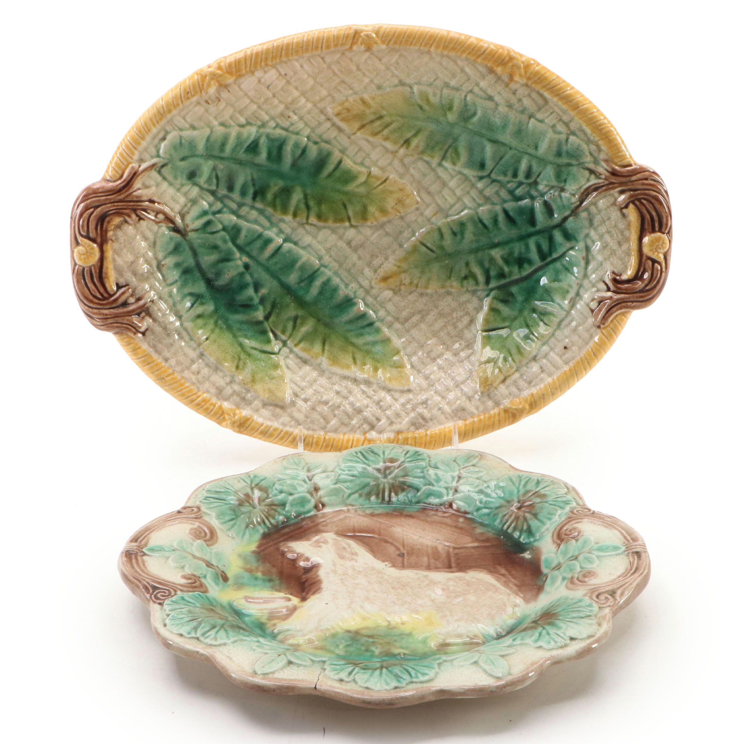 English Majolica Banana Leaf and Dog Platters, Late 19th Century