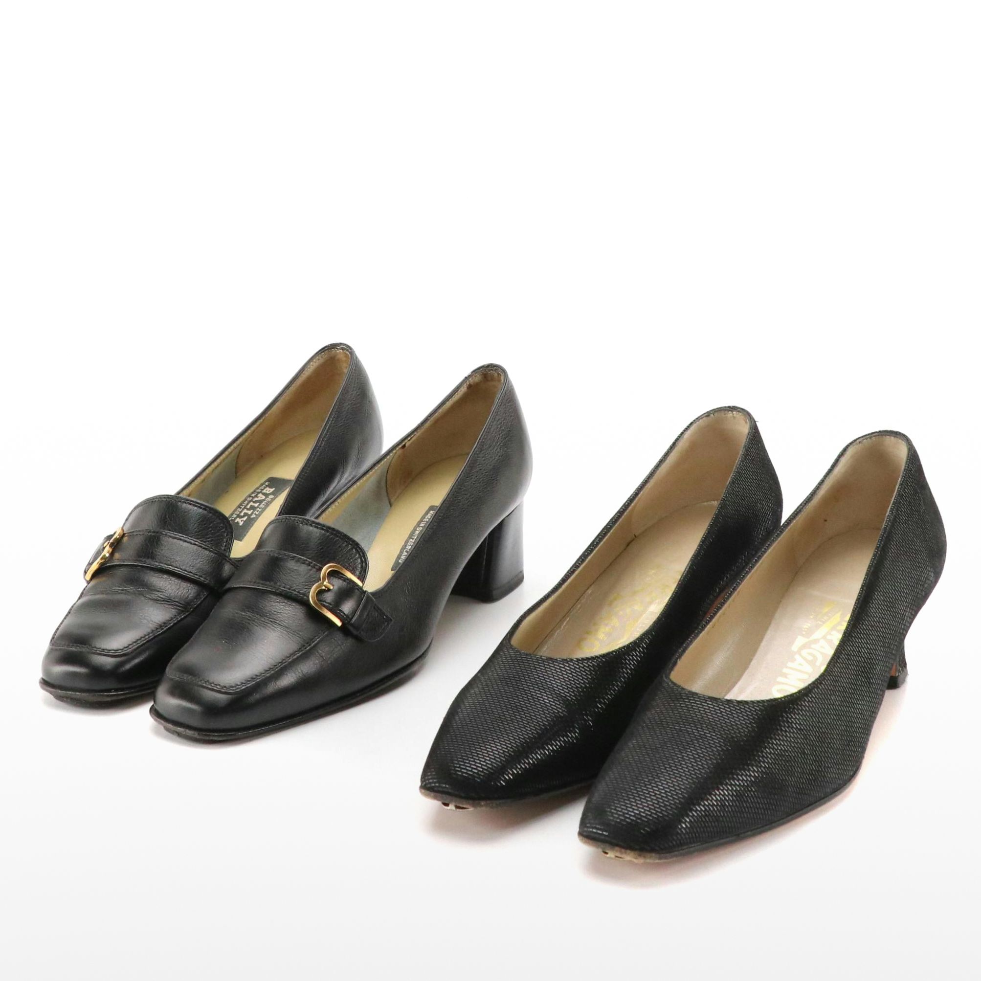 Salvatore Ferragamo Shiny Suede Low Heeled Shoes, Bally Heeled Leather Loafers