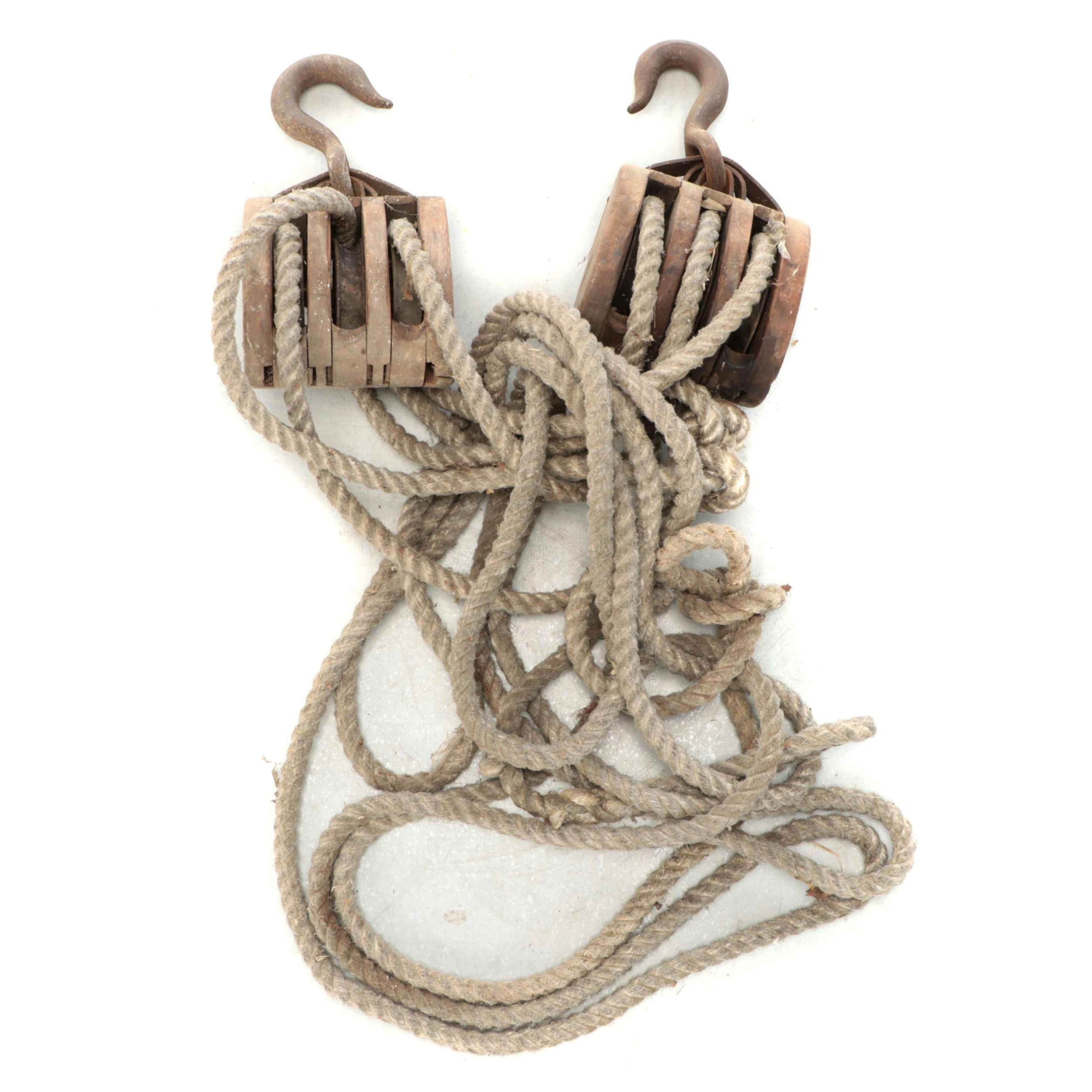 Industrial Wooden Pulley Blocks with Rope