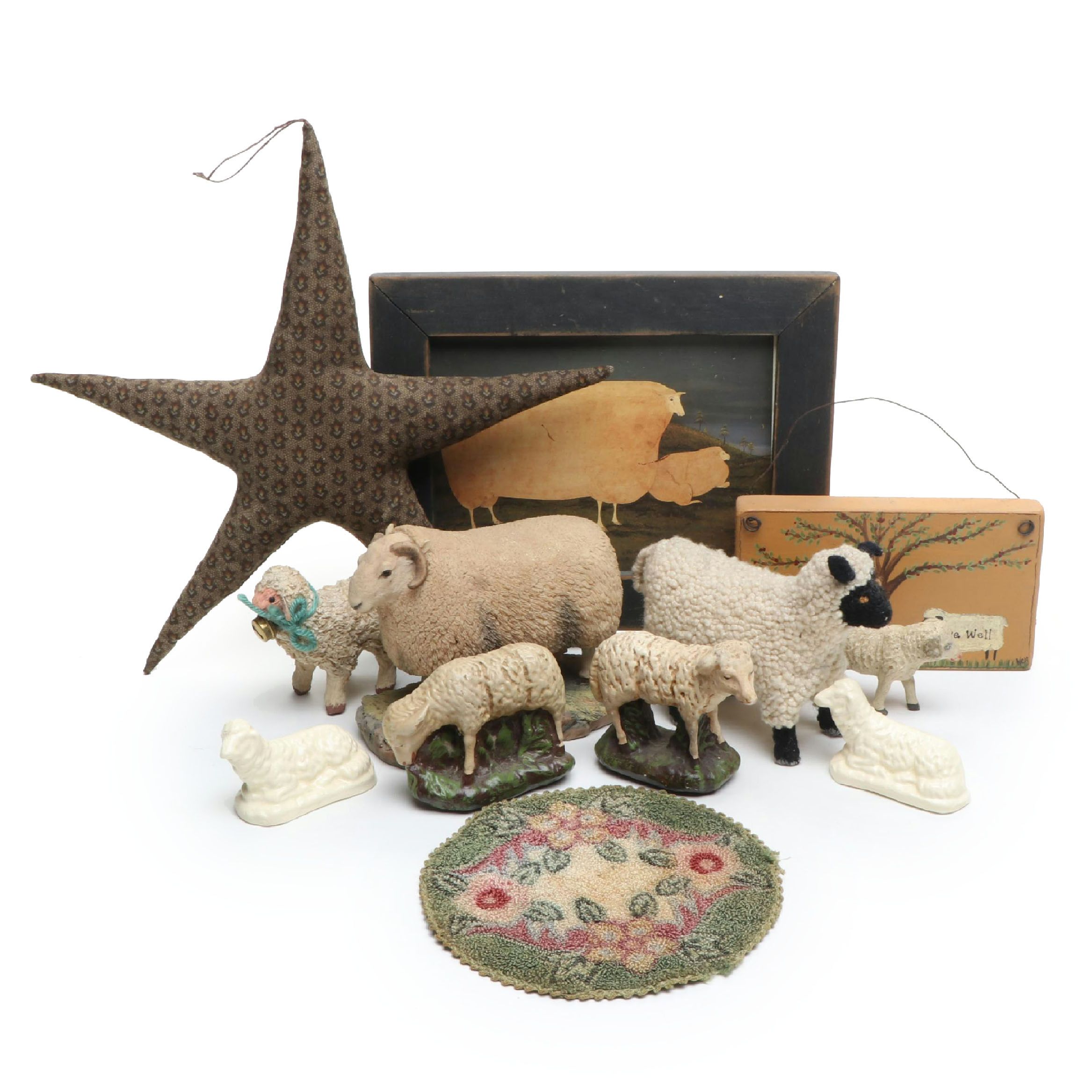 German with Other Folk Art Style Sheep, Wall Hangings and Needlepoint Doll Rug