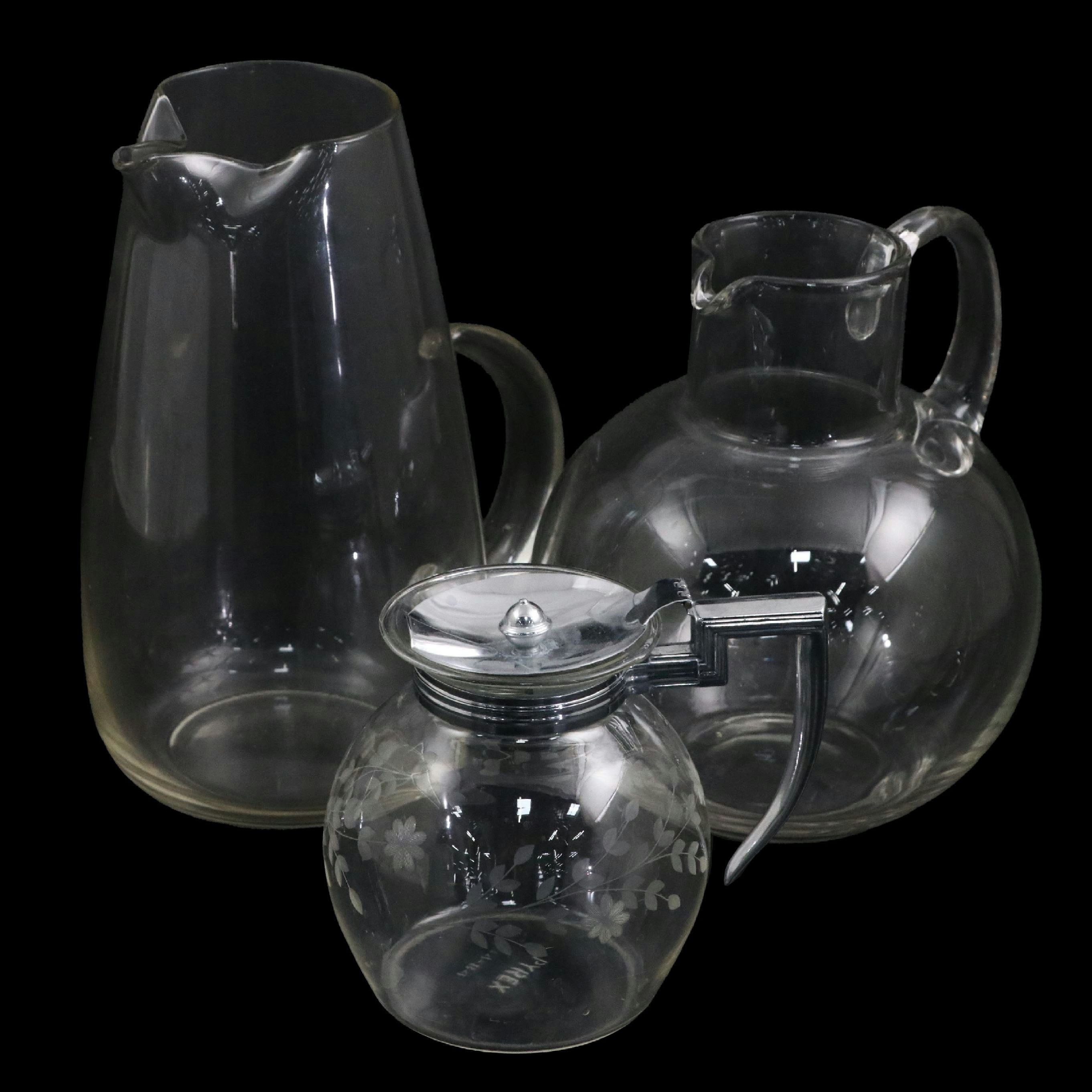 Pyrex Etched Floral Glass Tea Pot with Other Pitchers, Vintage