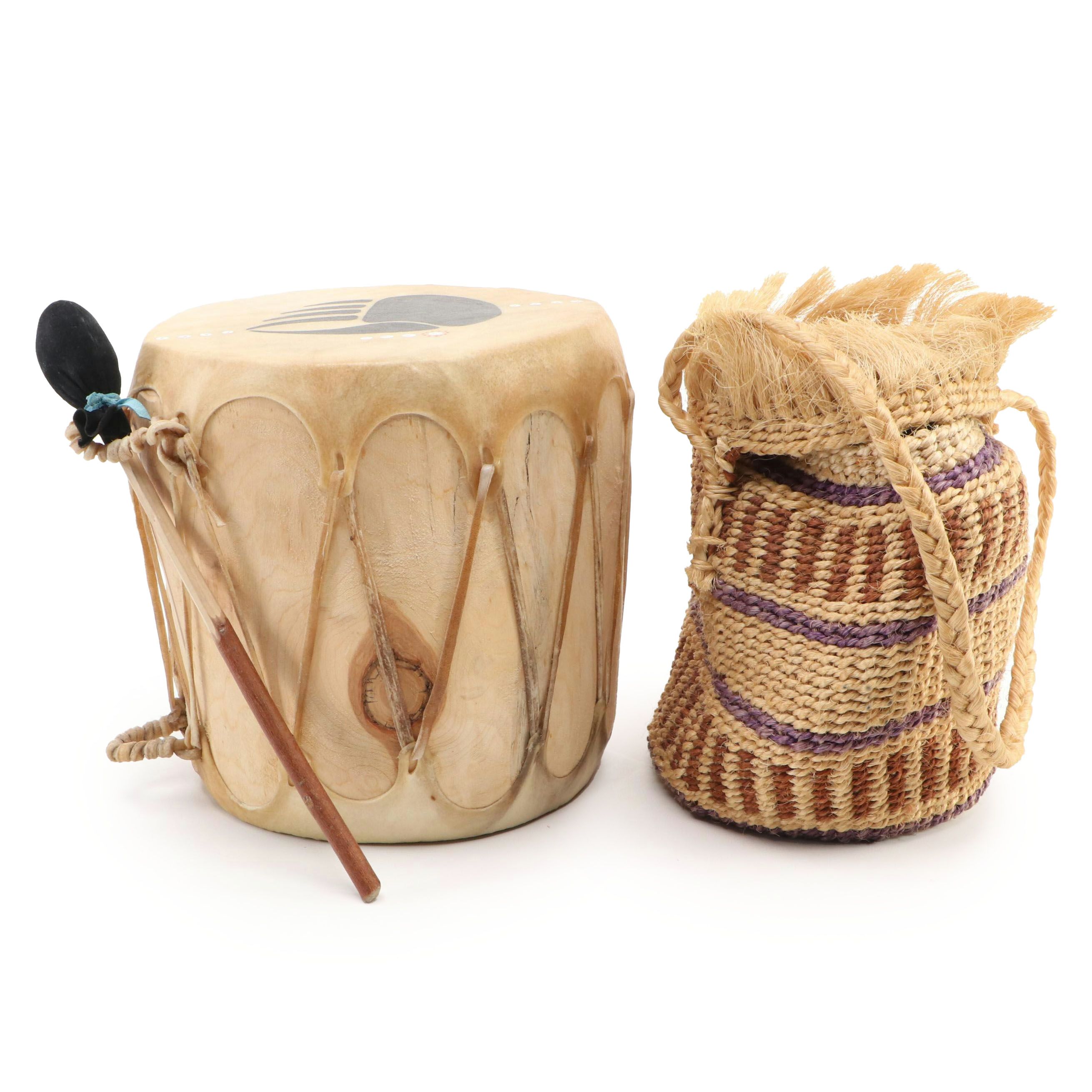 Handmade Bearpaw Drum with Woven Basket