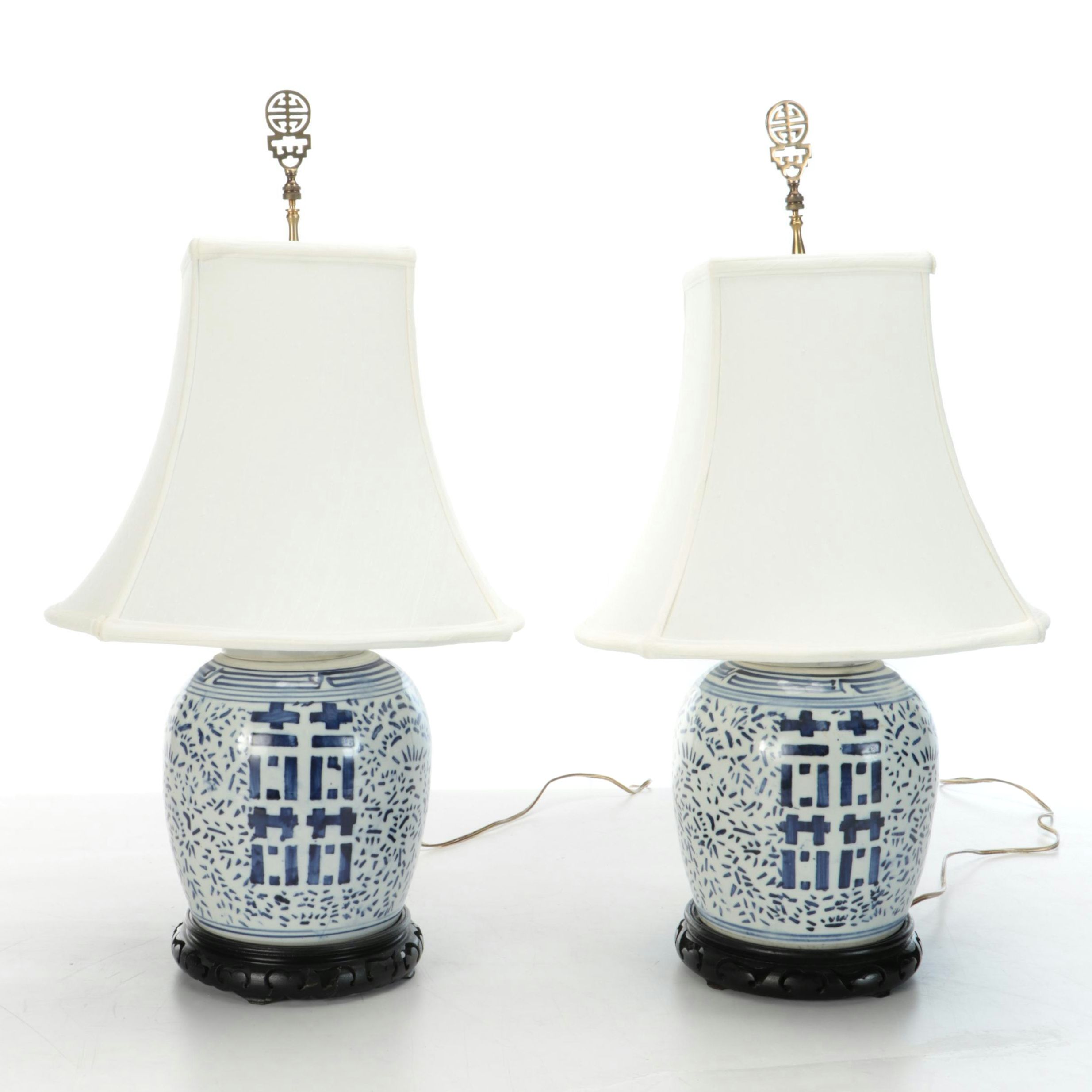 Pair of Chinese Porcelain Double Happiness Ginger Jar Table Lamps & Silk Shades