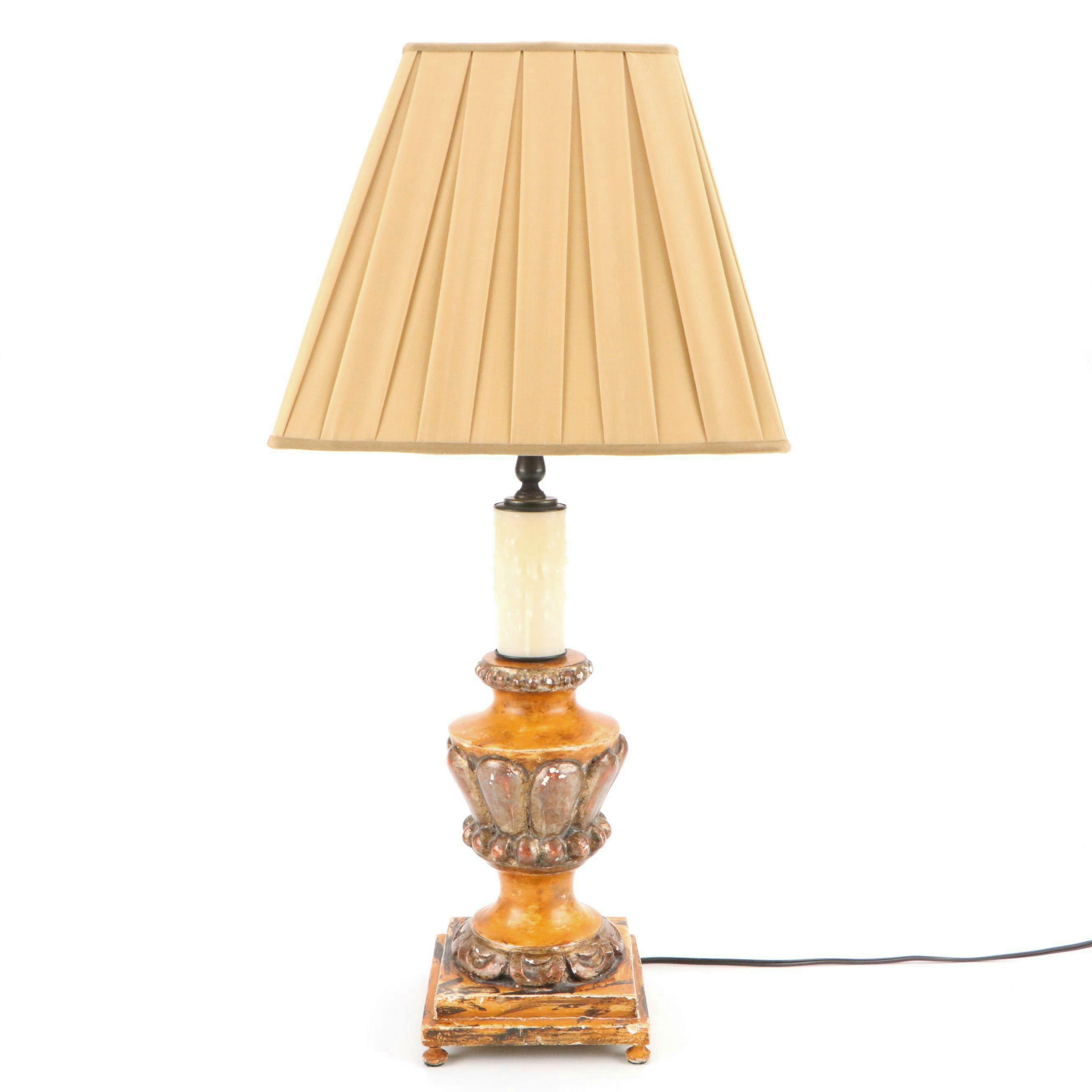 Painted Chalkware Table Lamp with Box Pleat Silk Shade