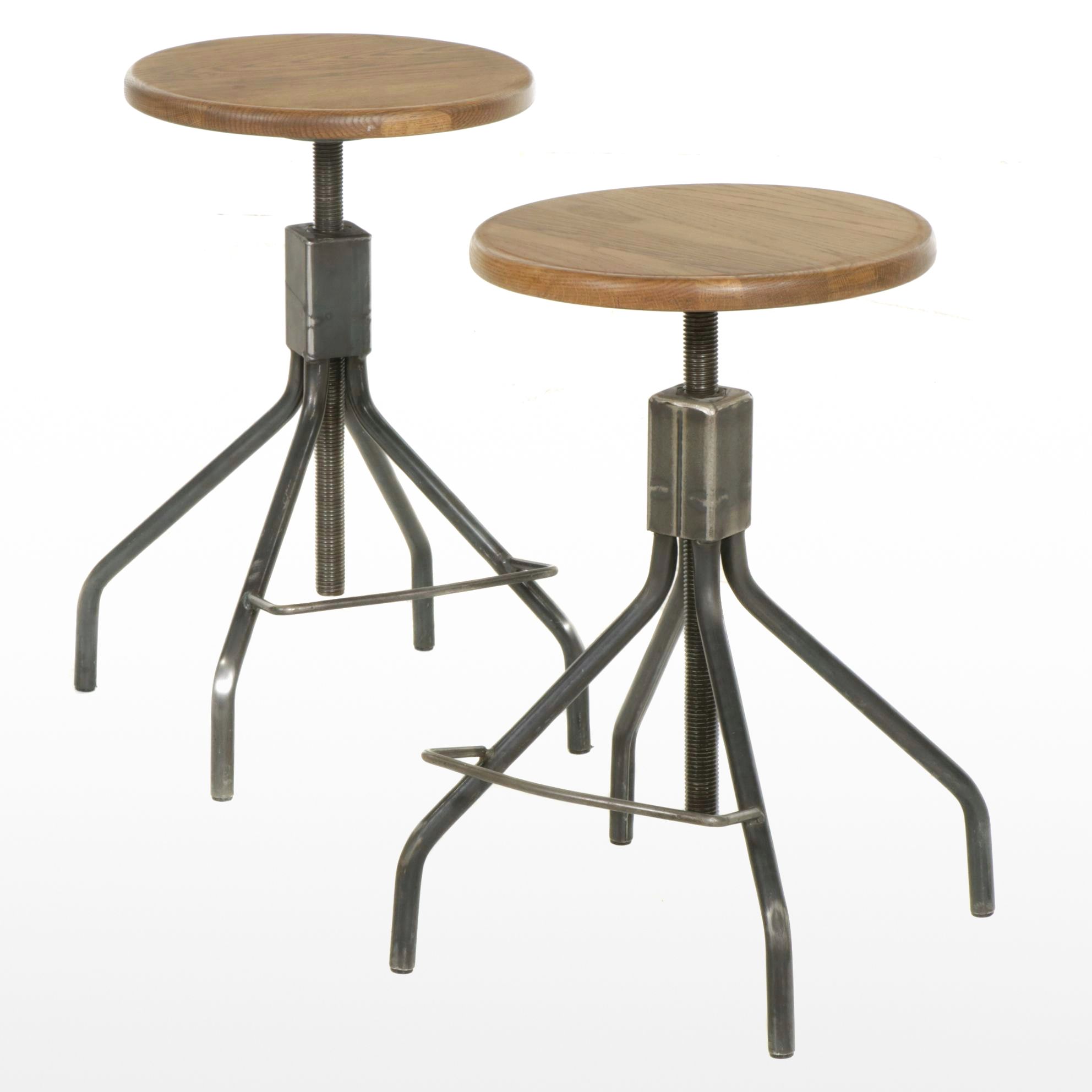 Industrial Style Metal Adjustable-Height Stools with Oak Seats