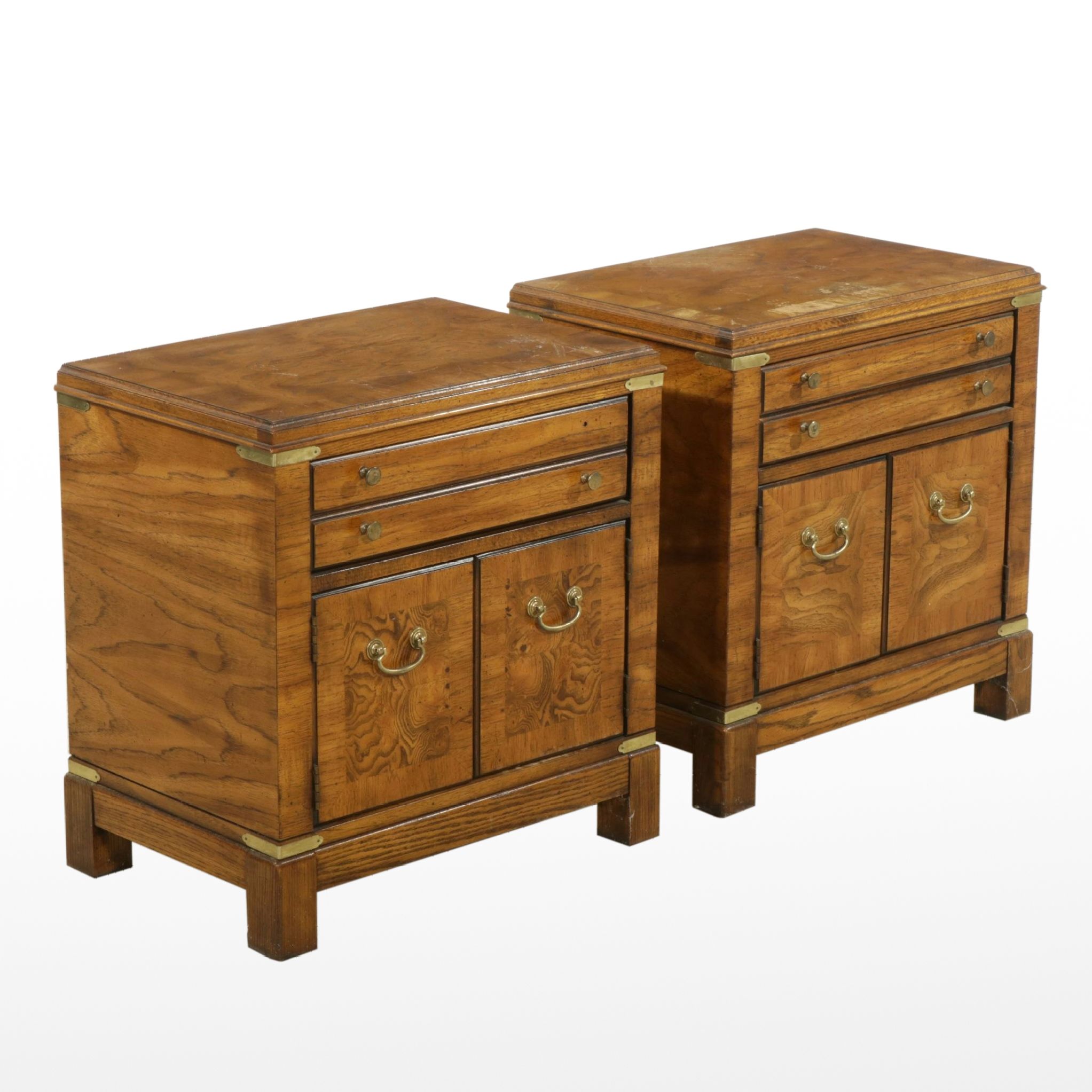 Lane Furniture Campaign Style Burl Walnut Nightstands, Pair