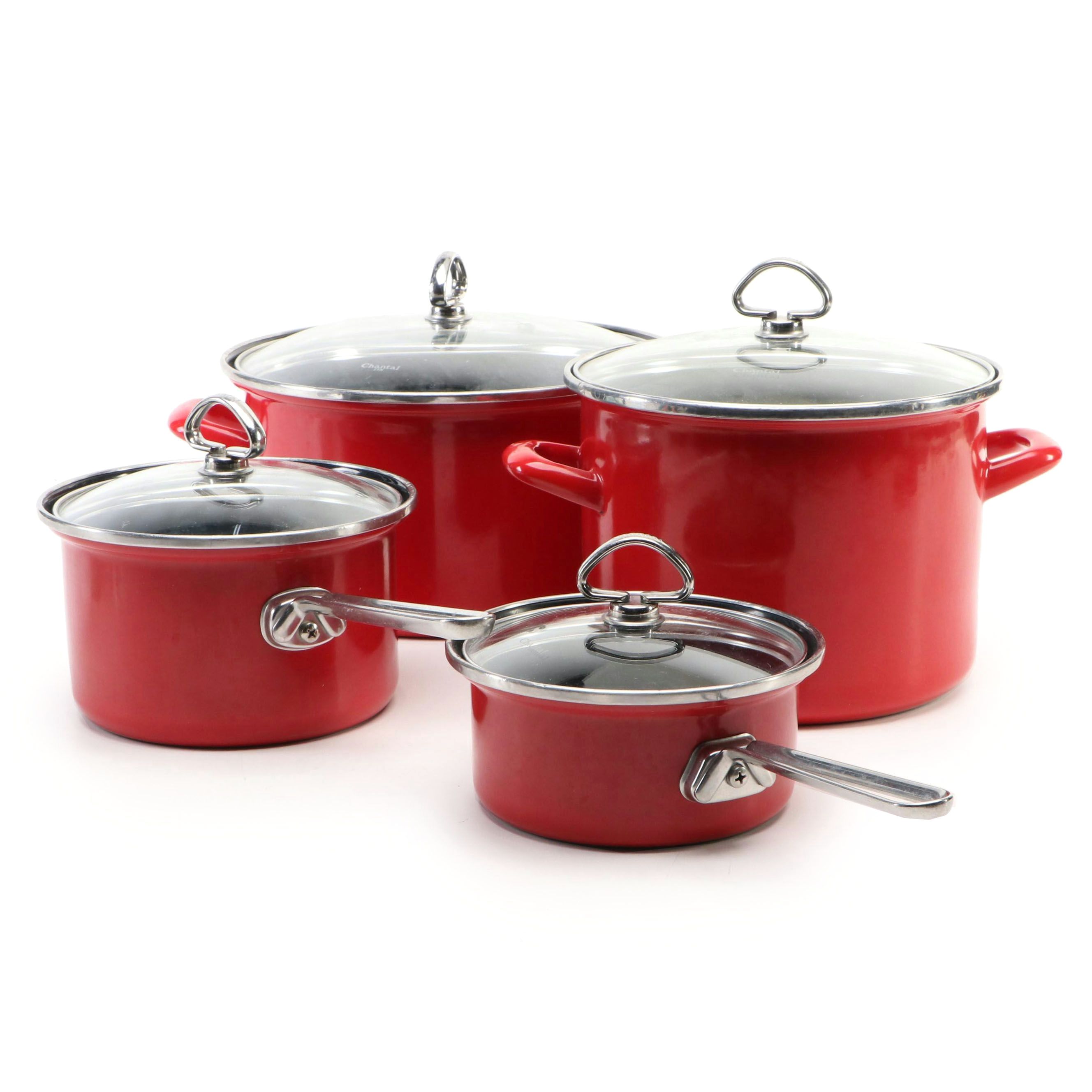 Chantal Red Enamel Pots, Pans, and Lids