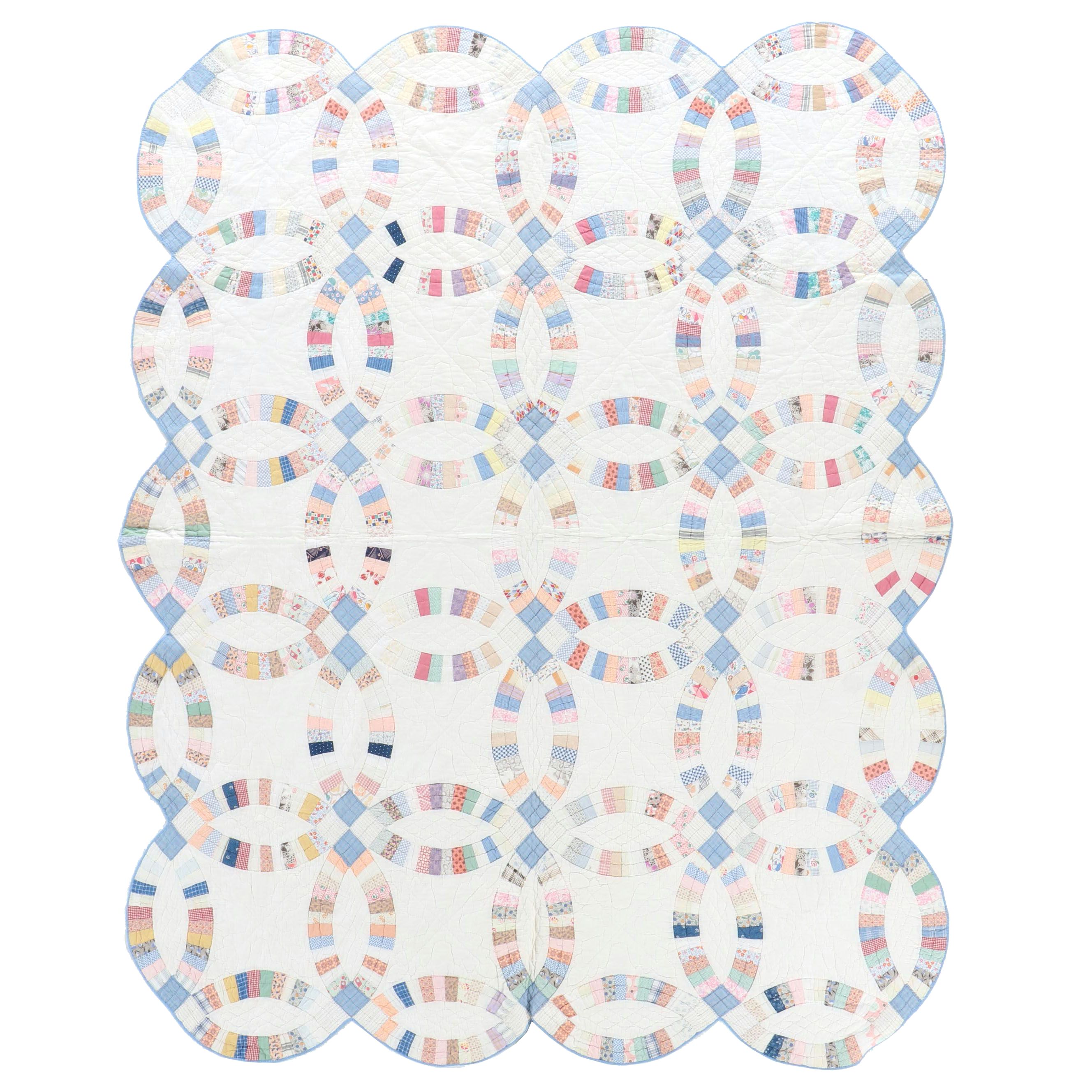 Handmade "Double Wedding Ring" Twin Sized Cotton Quilt