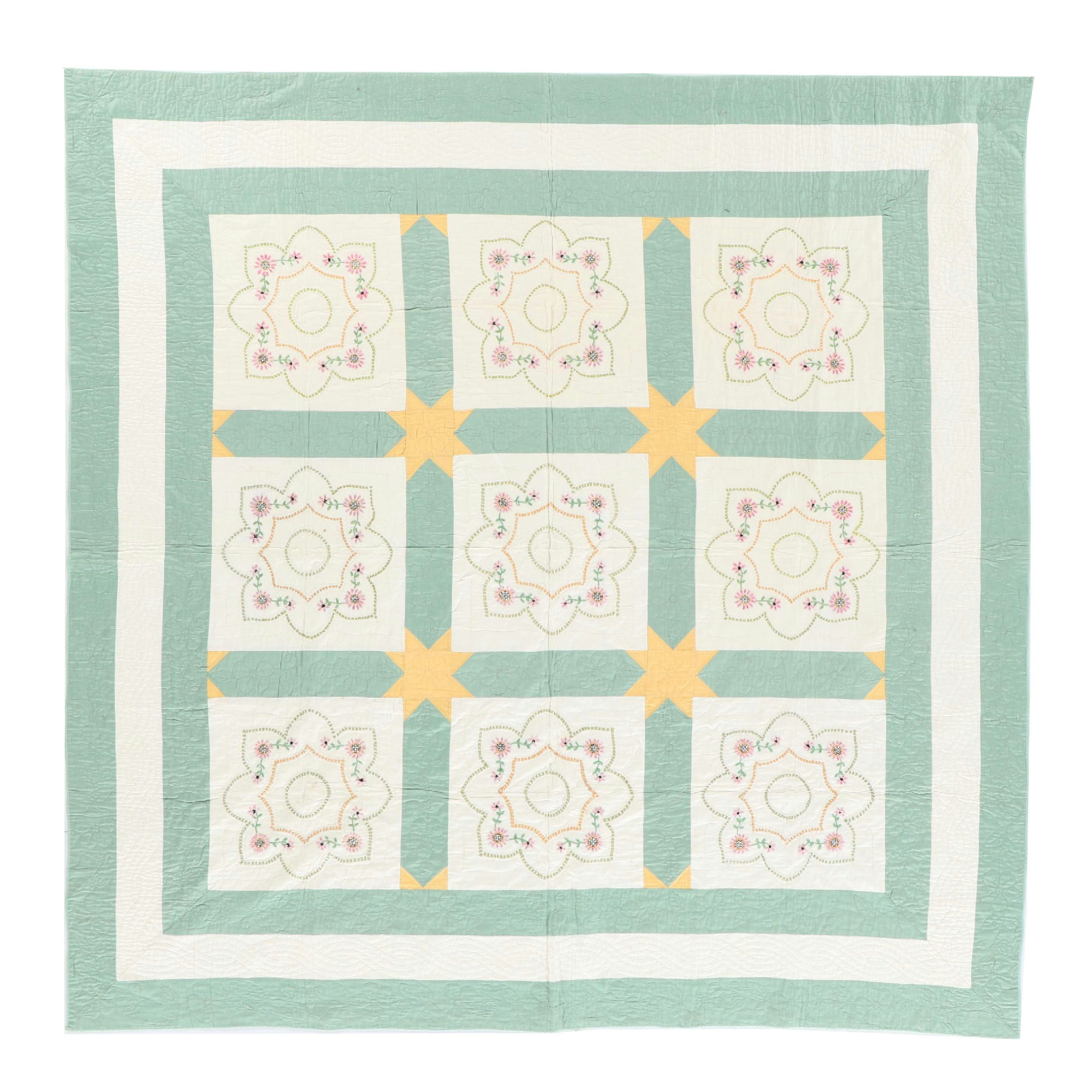 Handmade Pieced Square Quilt with Cross-Stitch Floral Medallions