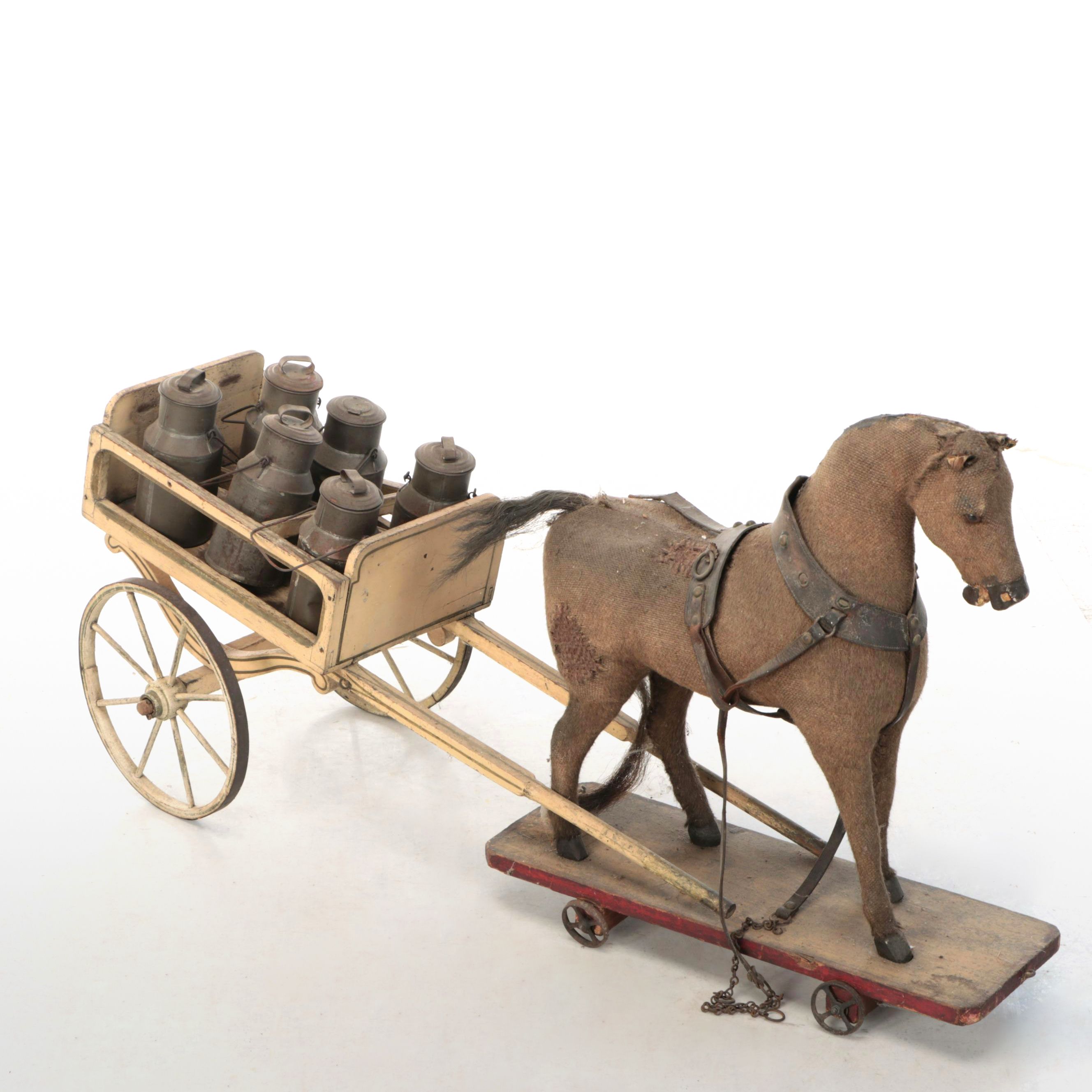 Folk Art Horse-Drawn Milk Cart Pull Toy