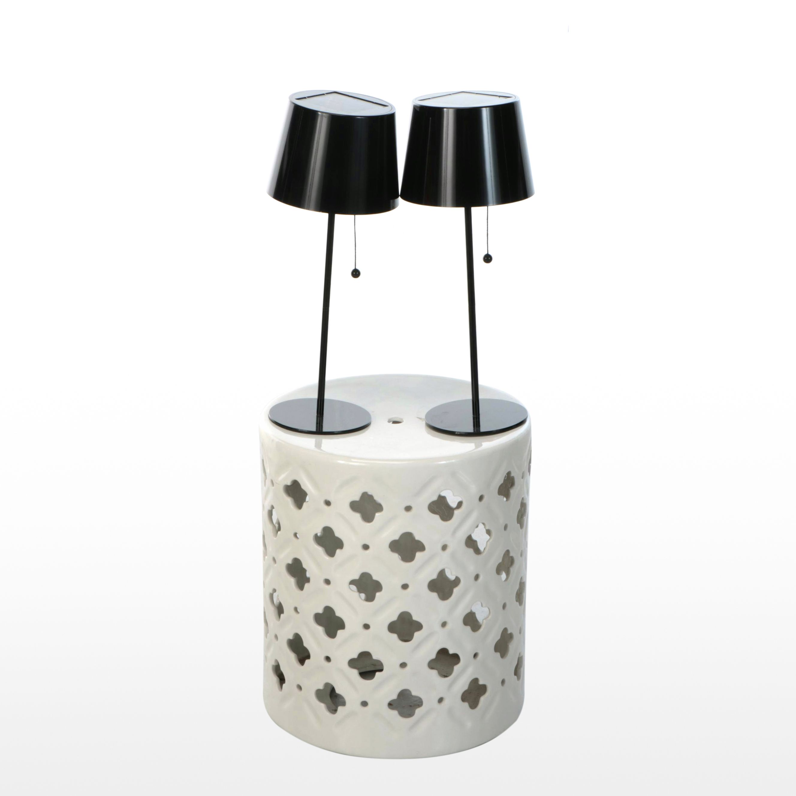 White Ceramic Garden Stool with Solar Powered Accent Lamps