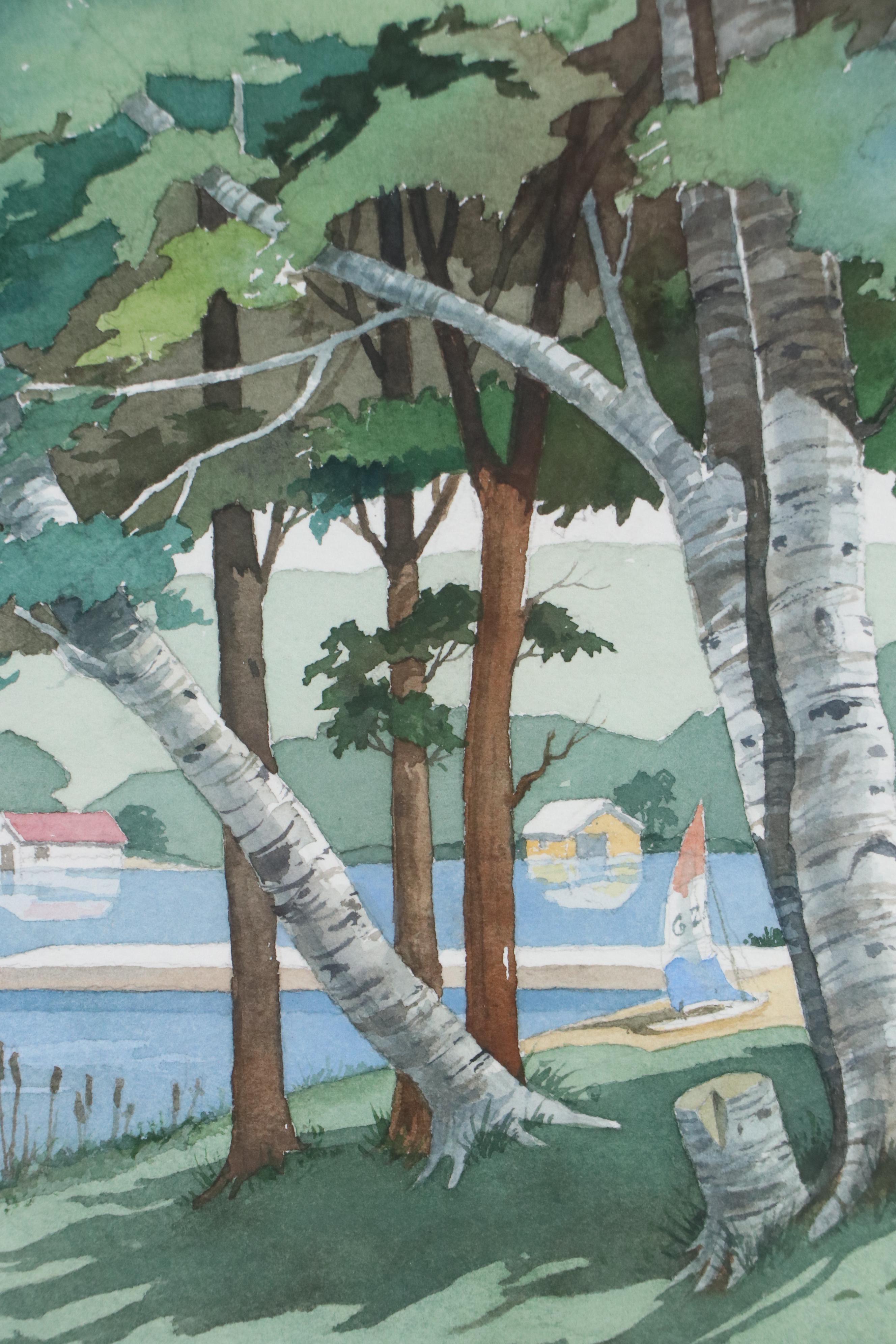 Watercolor Painting of Wooded Lakeside View, 1996
