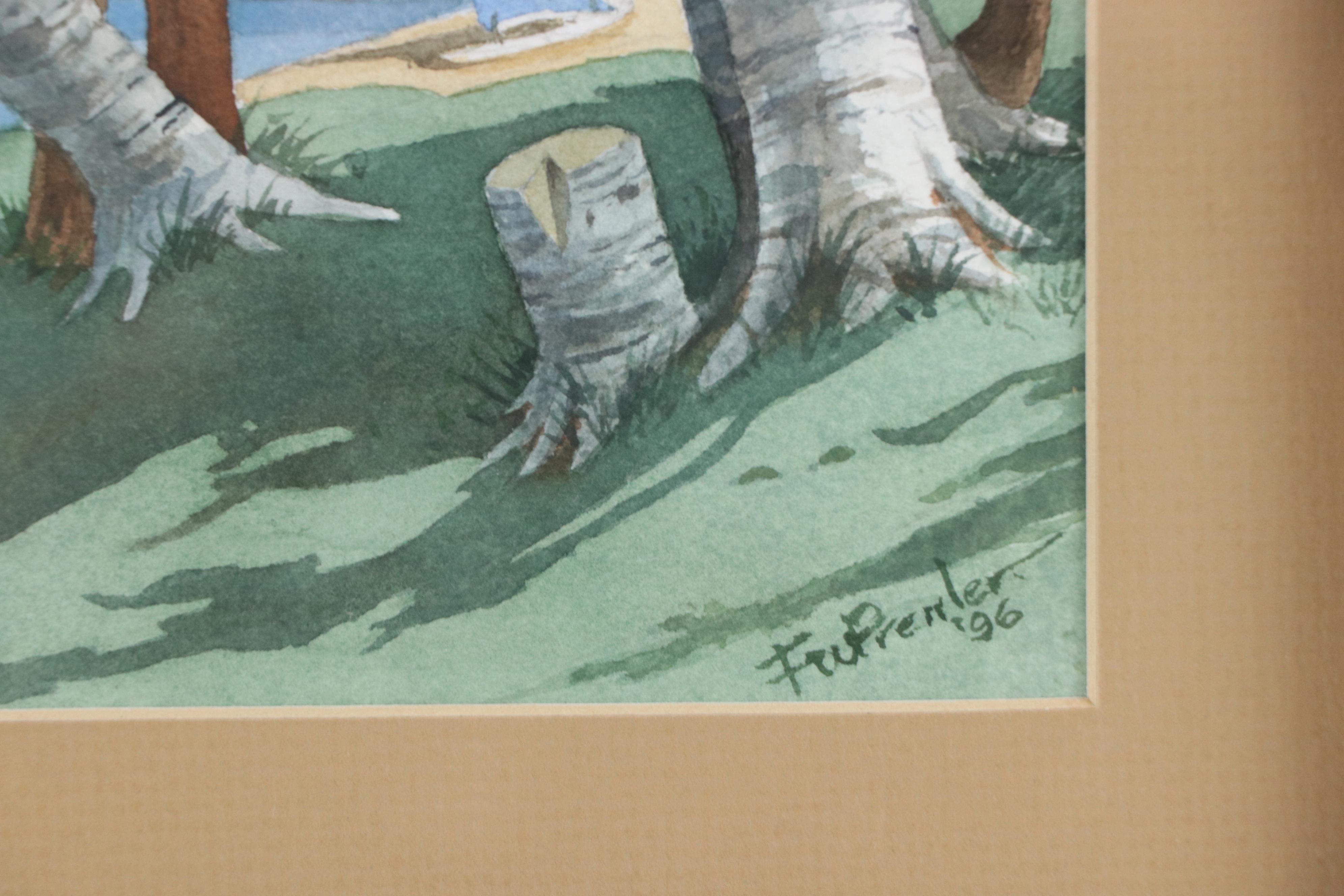 Watercolor Painting of Wooded Lakeside View, 1996