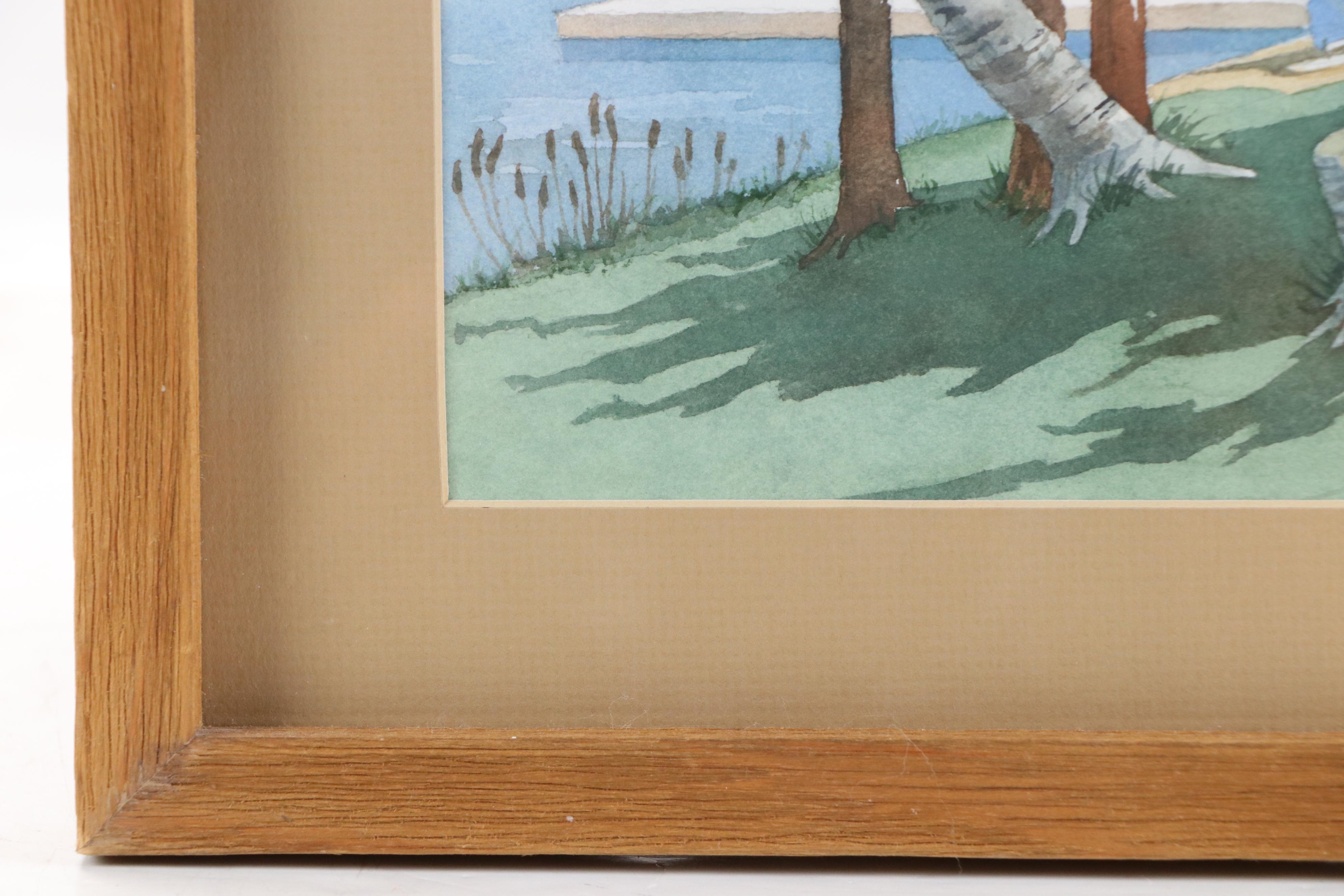 Watercolor Painting of Wooded Lakeside View, 1996