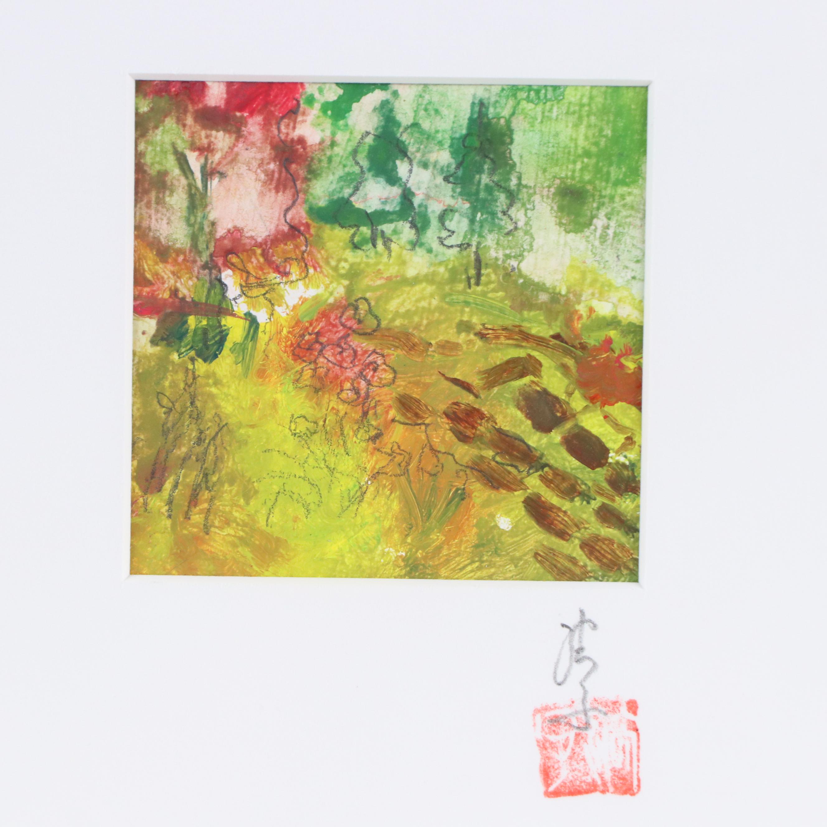 East Asian Watercolor and Graphite Abstract Painting, 20th Century