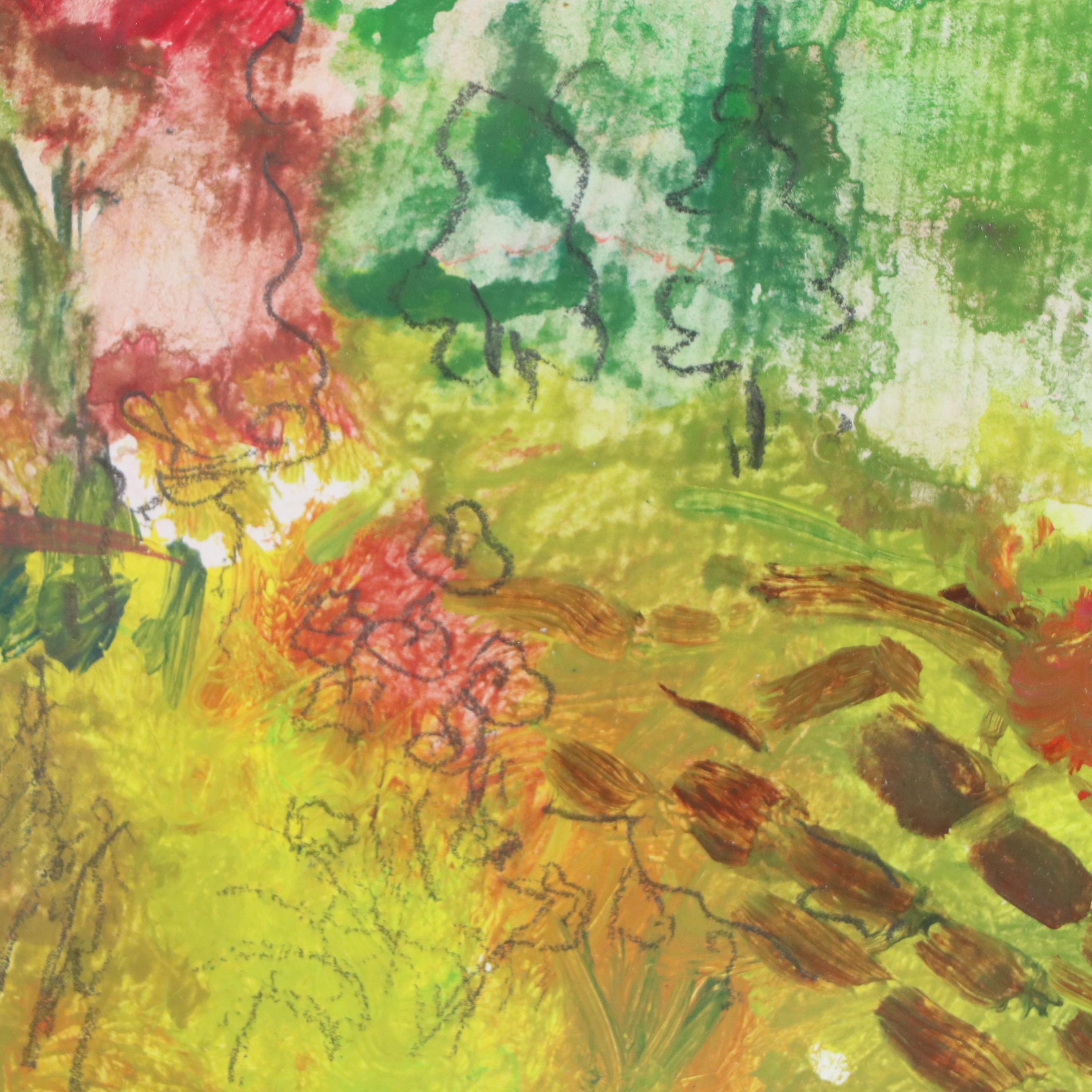 East Asian Watercolor and Graphite Abstract Painting, 20th Century