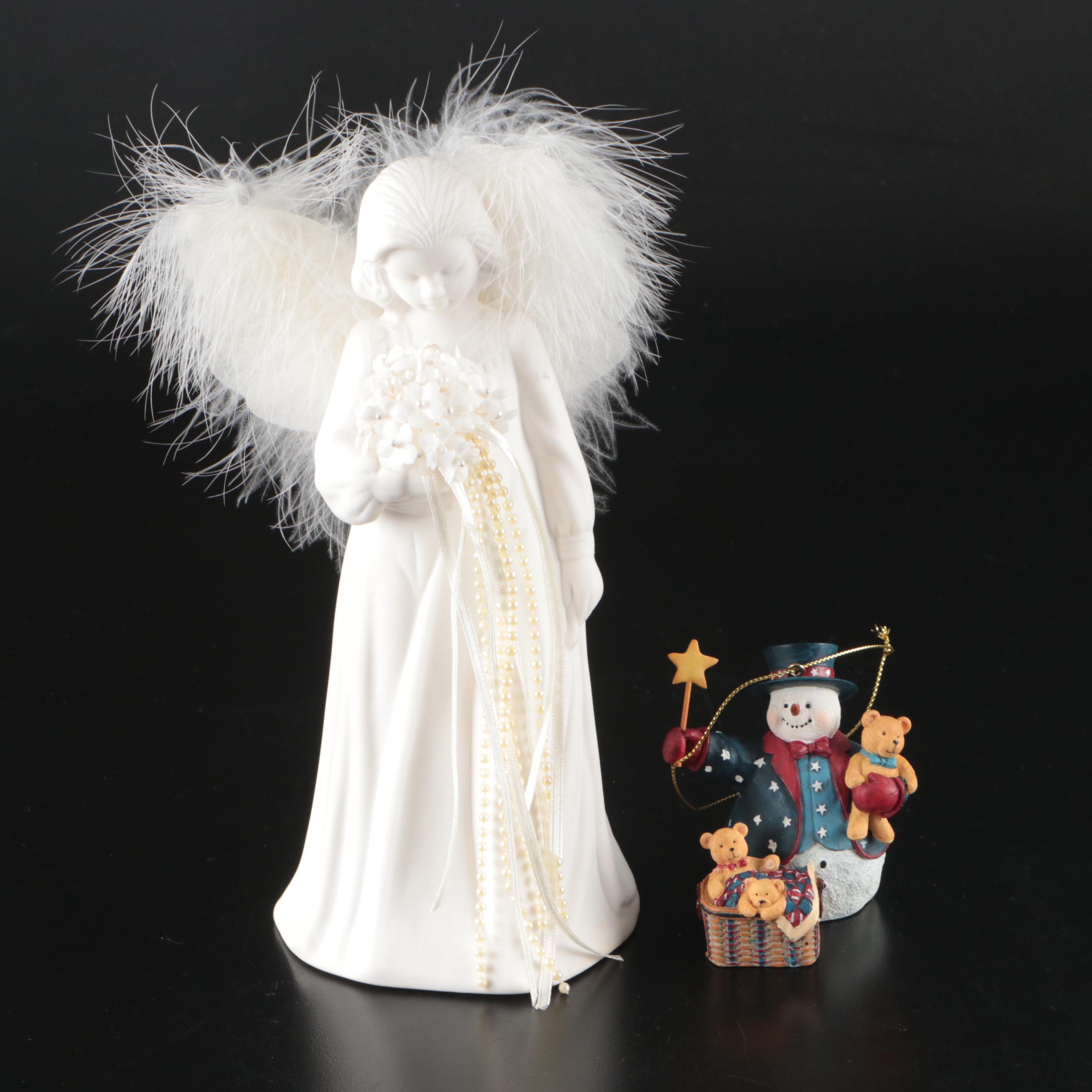 Longaberger "All American Hug" Ornament and Angel Figurine with Light-Up Bouquet