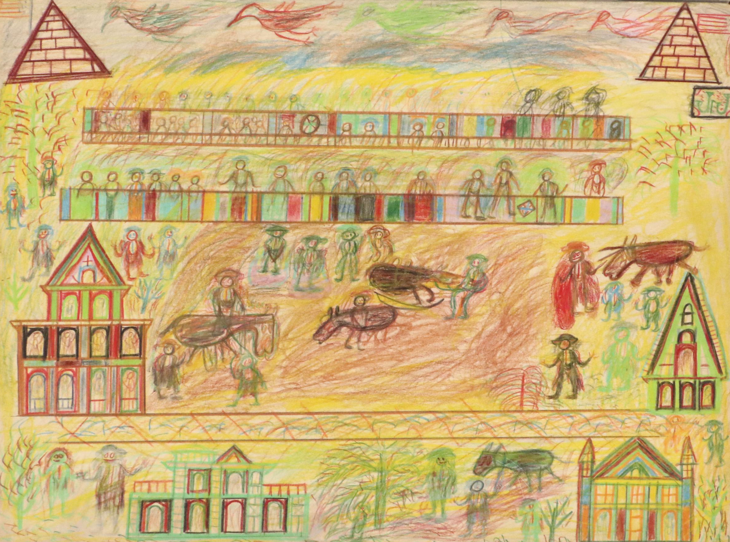 Self-Taught Artist Wax Stick Drawing, Mid-to-Late 20th Century