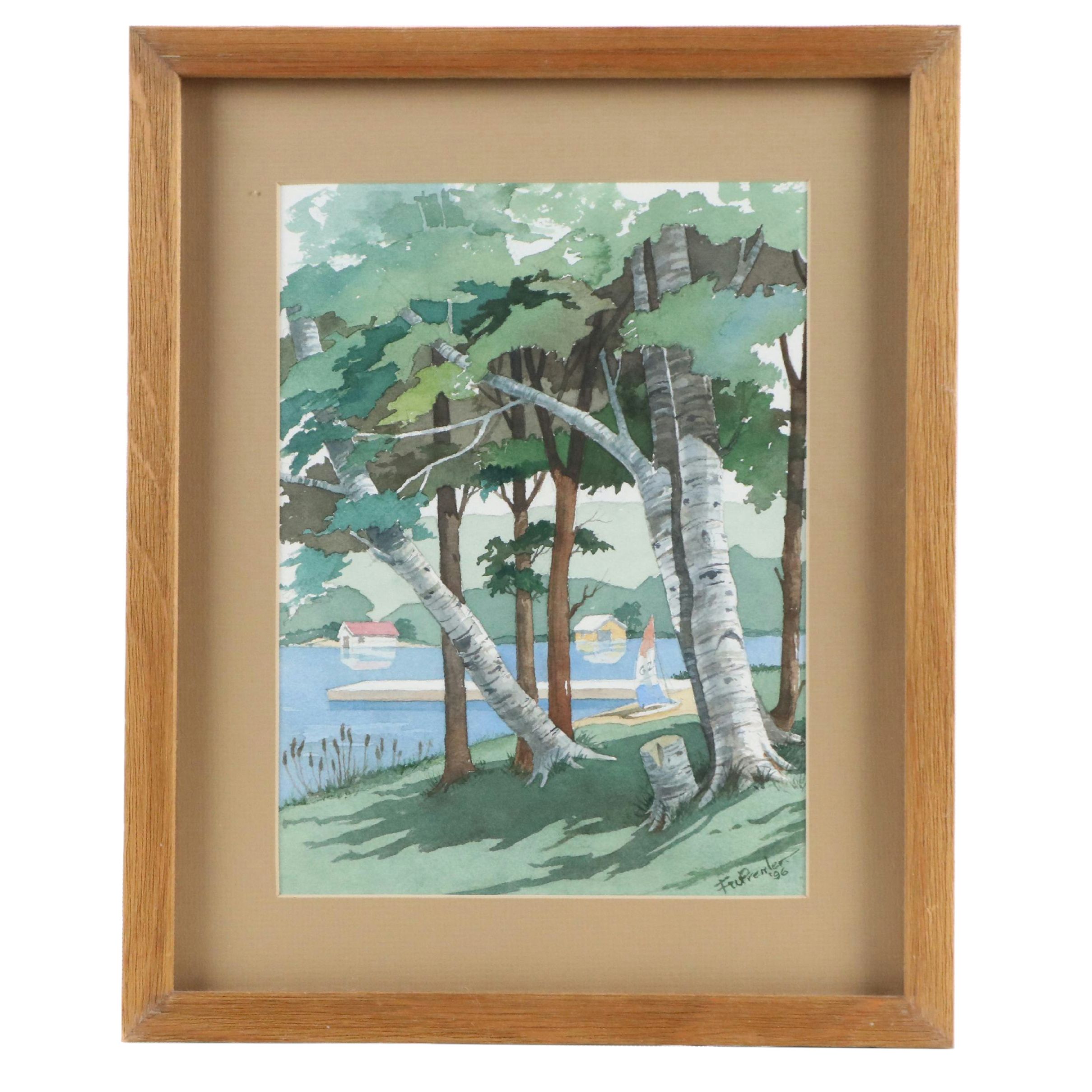 Watercolor Painting of Wooded Lakeside View, 1996