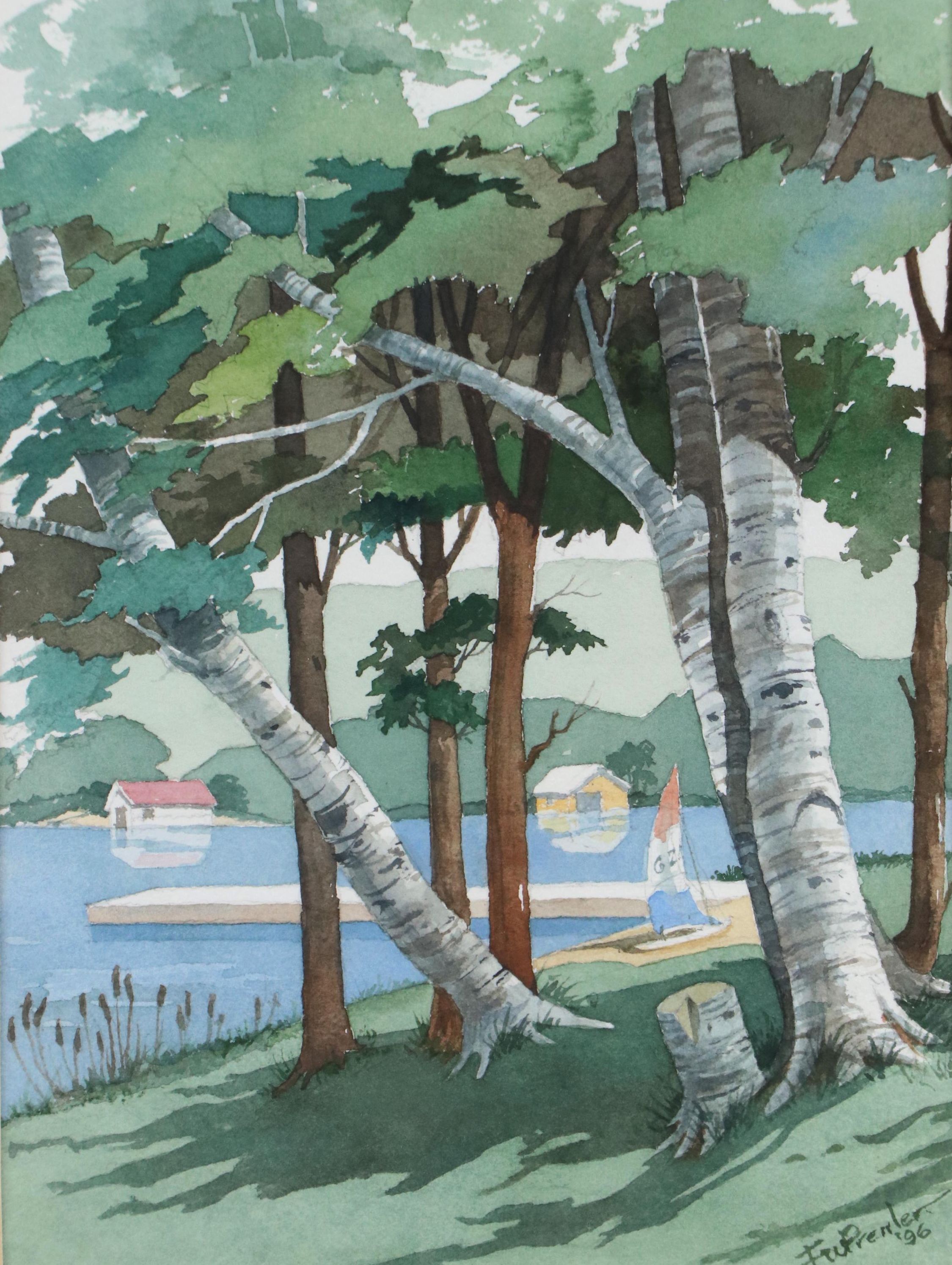 Watercolor Painting of Wooded Lakeside View, 1996