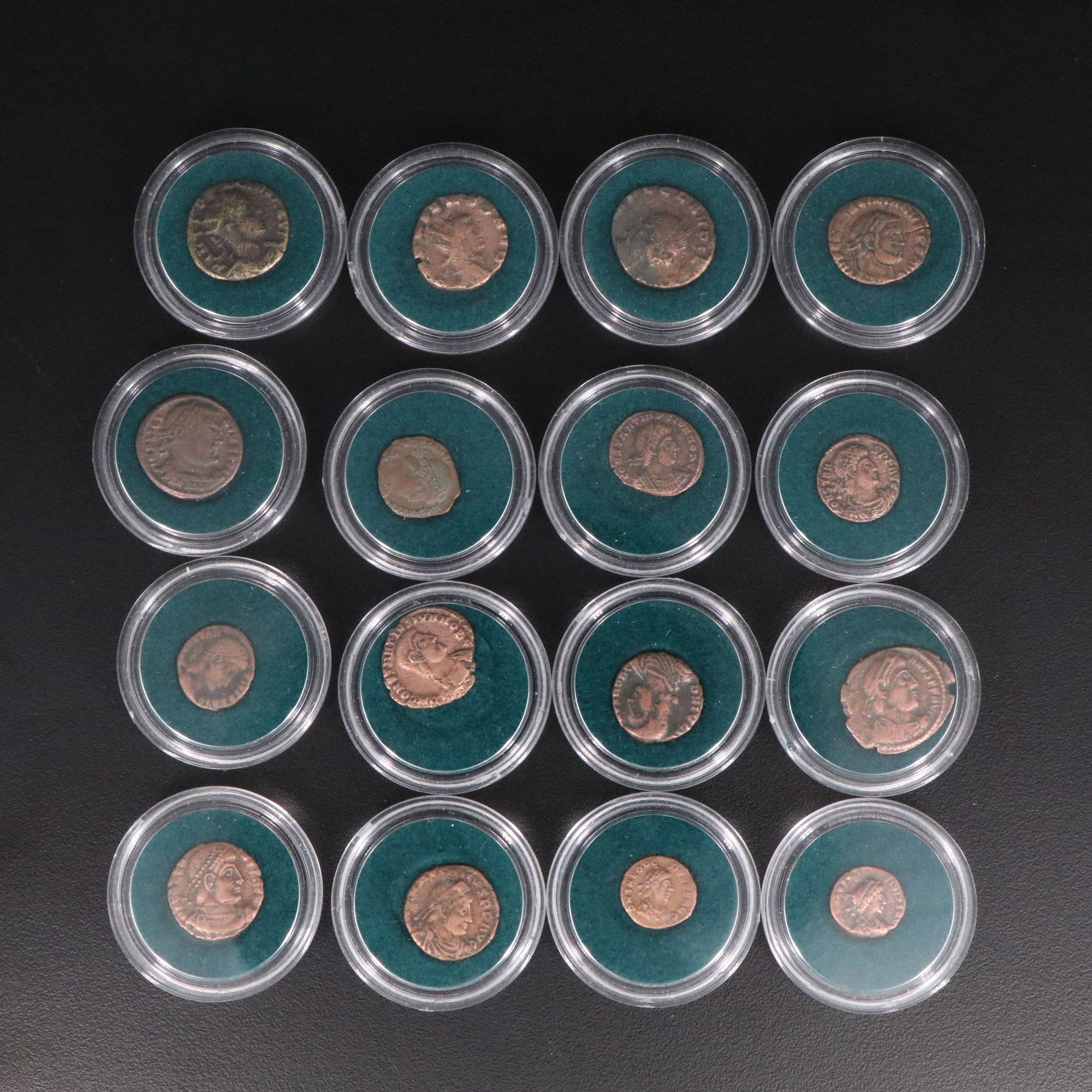 Sixteen Ancient Roman Imperial Bronze Coins, ca. 250 to 350 A.D.